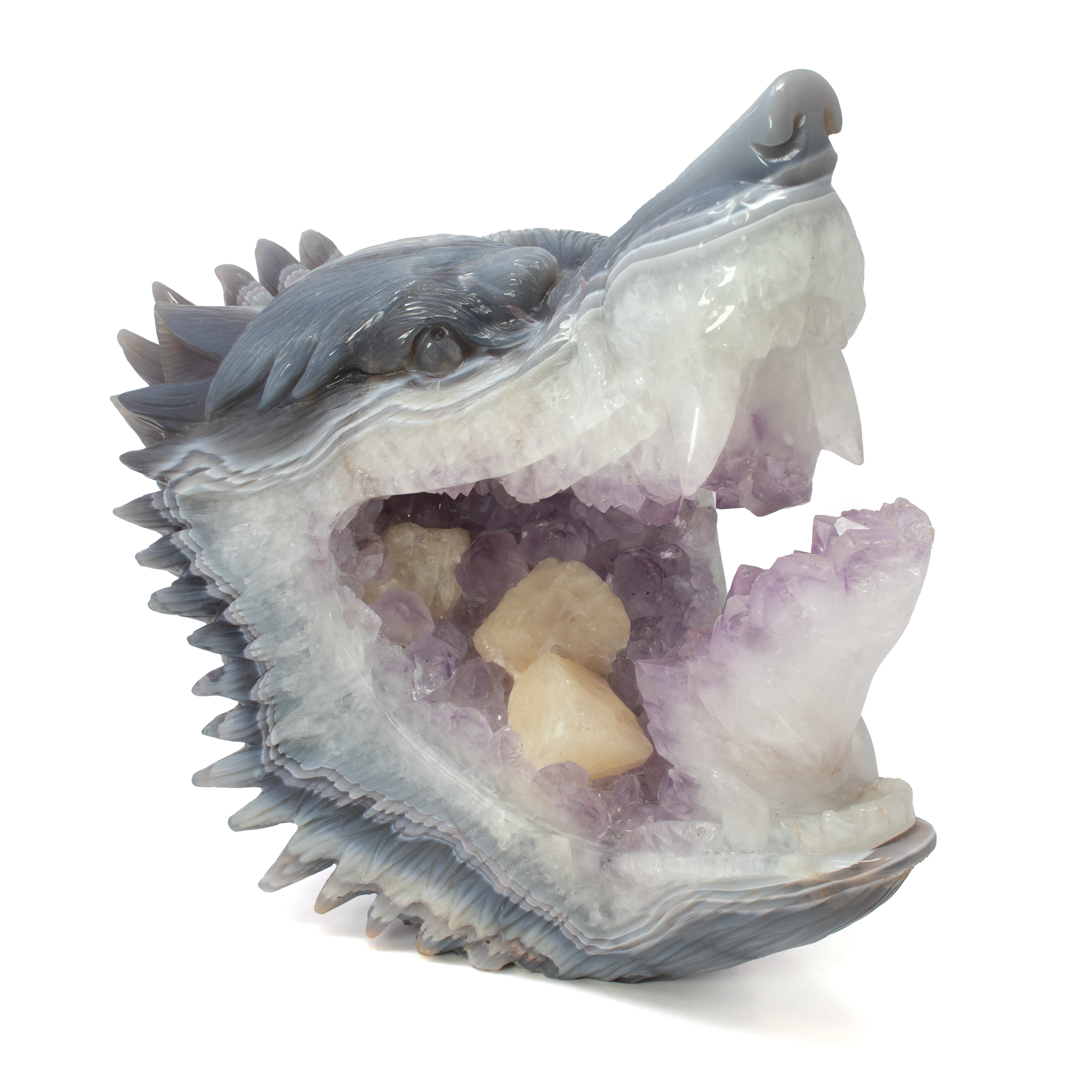 A++ Agate Geode with Amethyst Wolf Head Carving