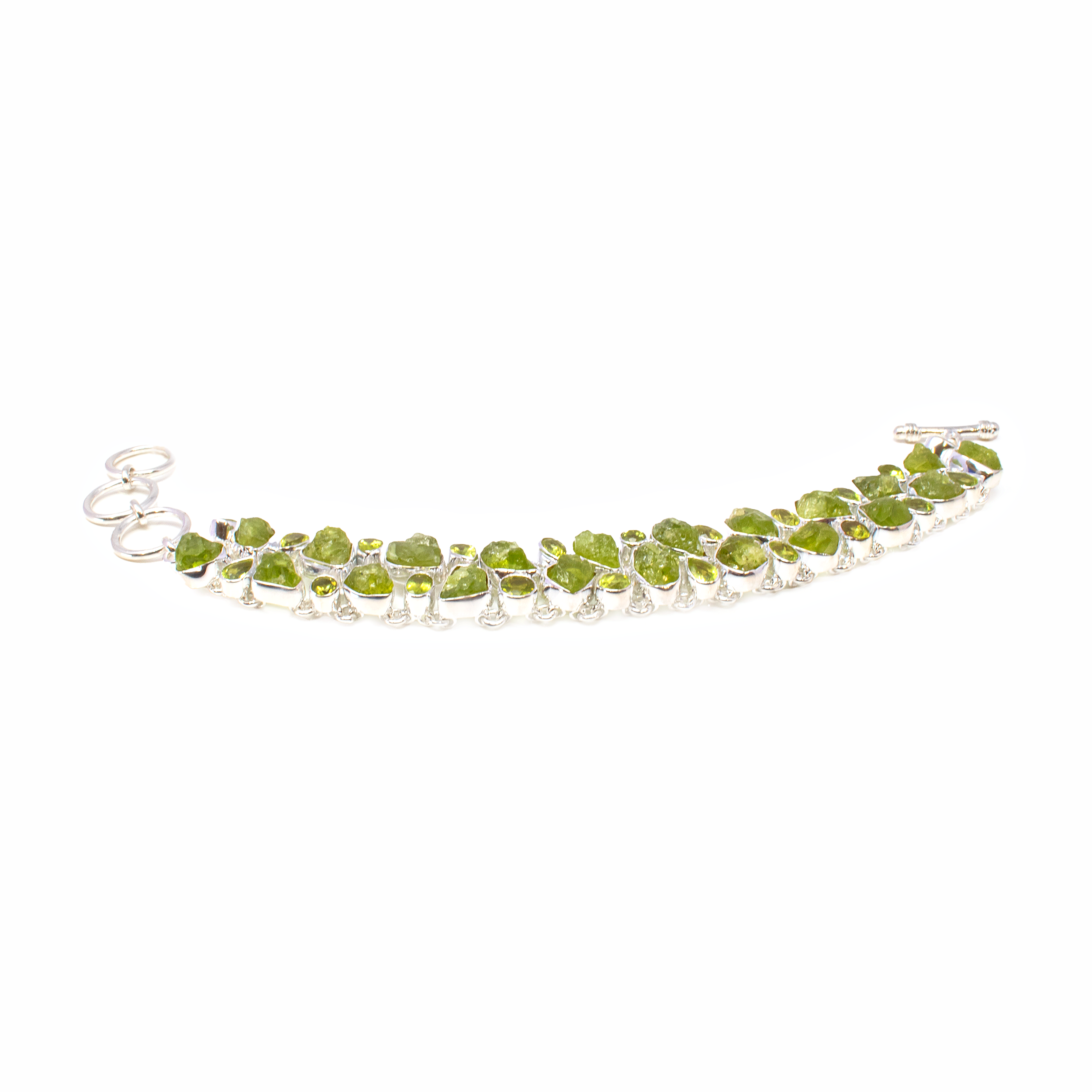 Peridot Link Bracelet - Rough Freeforms & Faceted Geometrics Set in 925 Sterling Silver Bezels - Toggle Clasp