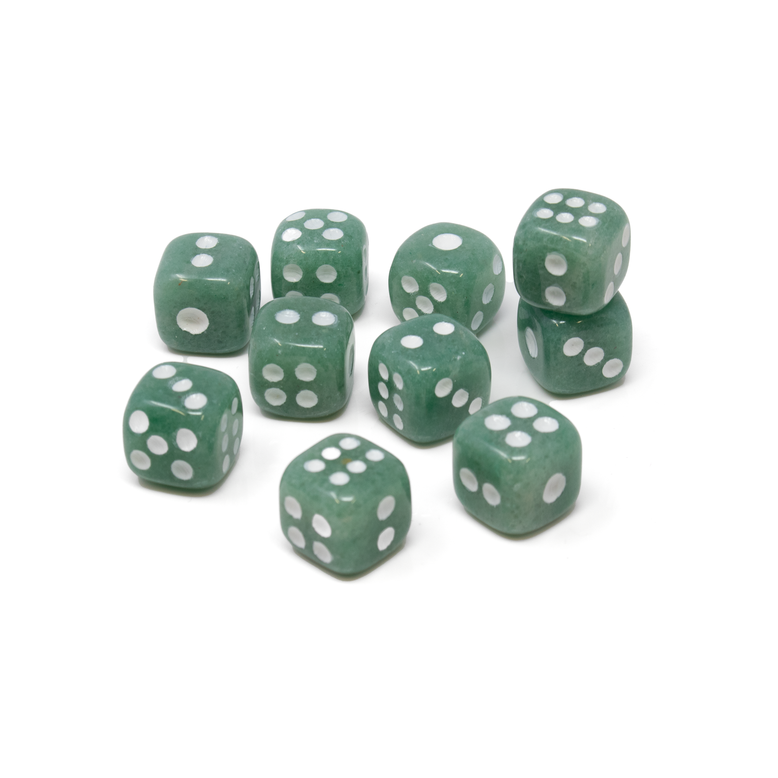 Introducing the Aventurine Dice Set of 10pcs, a perfect blend of elegance and functionality designed for tabletop enthusiasts and collectors alike. Crafted from stunning aventurine stone, each die in this exquisite set showcases a unique blend of earthy green hues with subtle specks of shimmering inclusions, providing a touch of natural beauty to your gaming experience.This meticulously curated set includes a complete collection of dice types: a d4, d6, d8, d10, d10 percentile, d12, and a d20, ensuring you're well-equipped for any campaign or game night. Each die is precision-cut and polished to perfection, ensuring smooth rolls and a satisfying tactile experience with every use. Aventurine Dice Set of 10pcs
