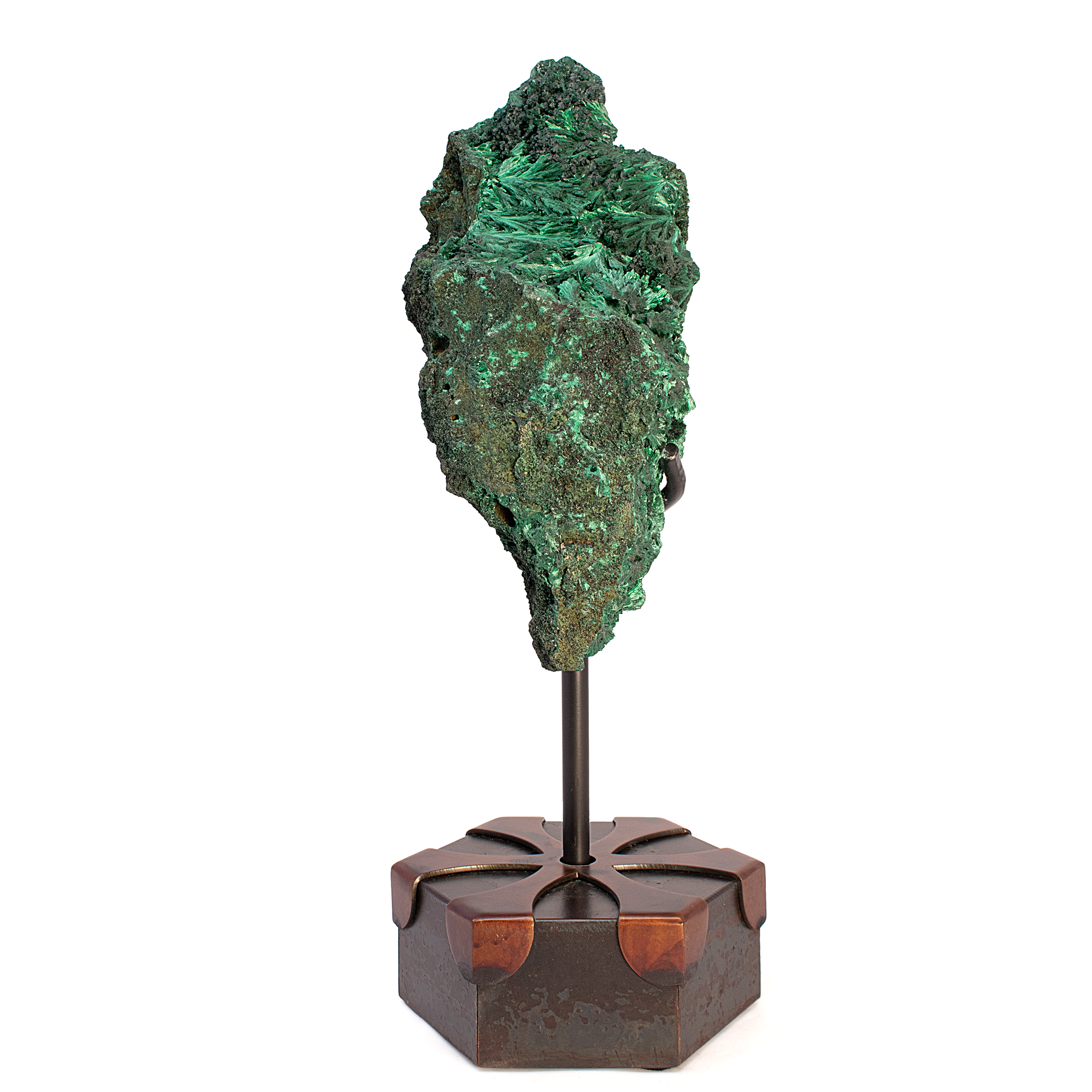 Chatoyant Malachite Specimen on Rotating Metal Stand with 2-Tone Patina Finish