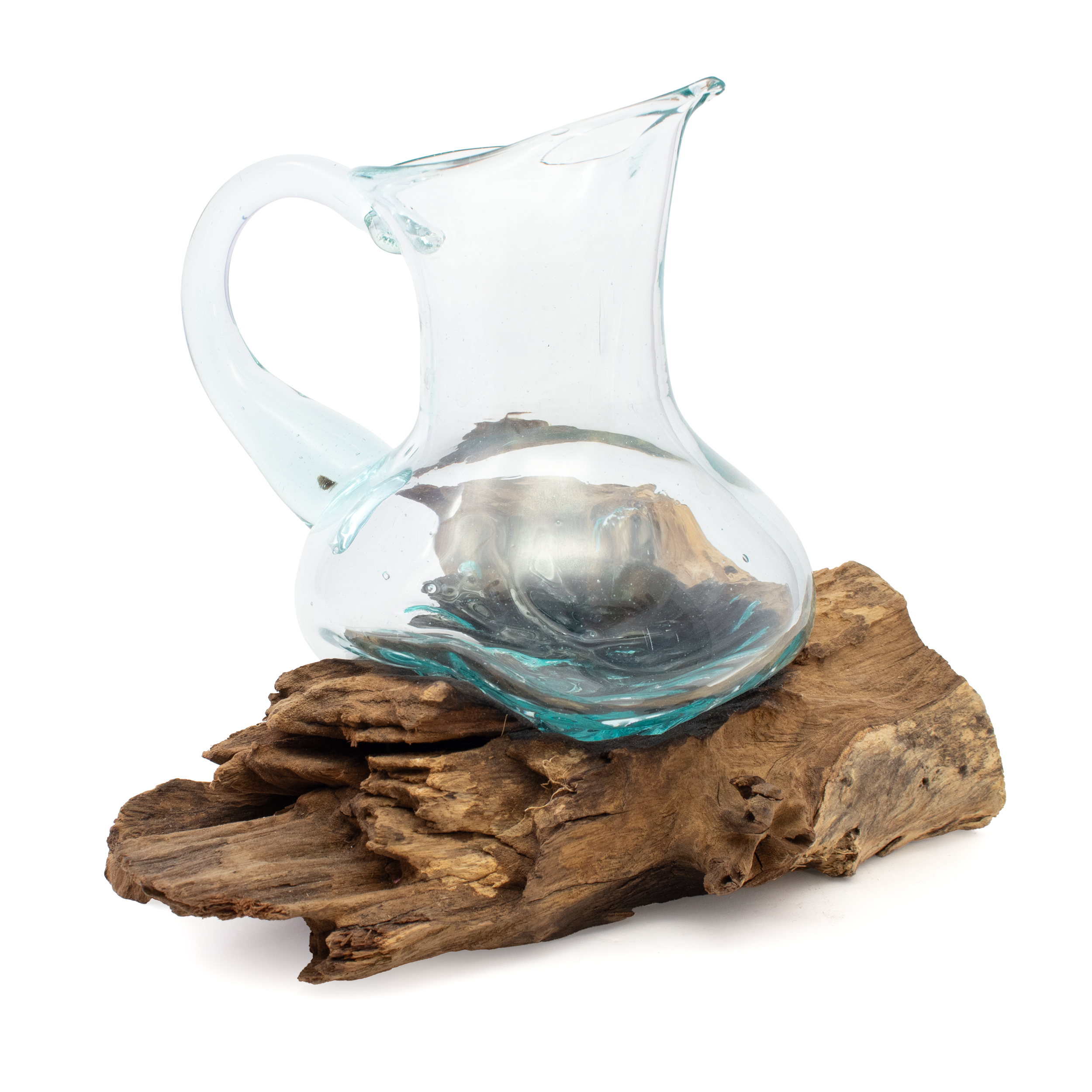 Hand-Blown Glass Pitcher Melted over Wood Gamal Root