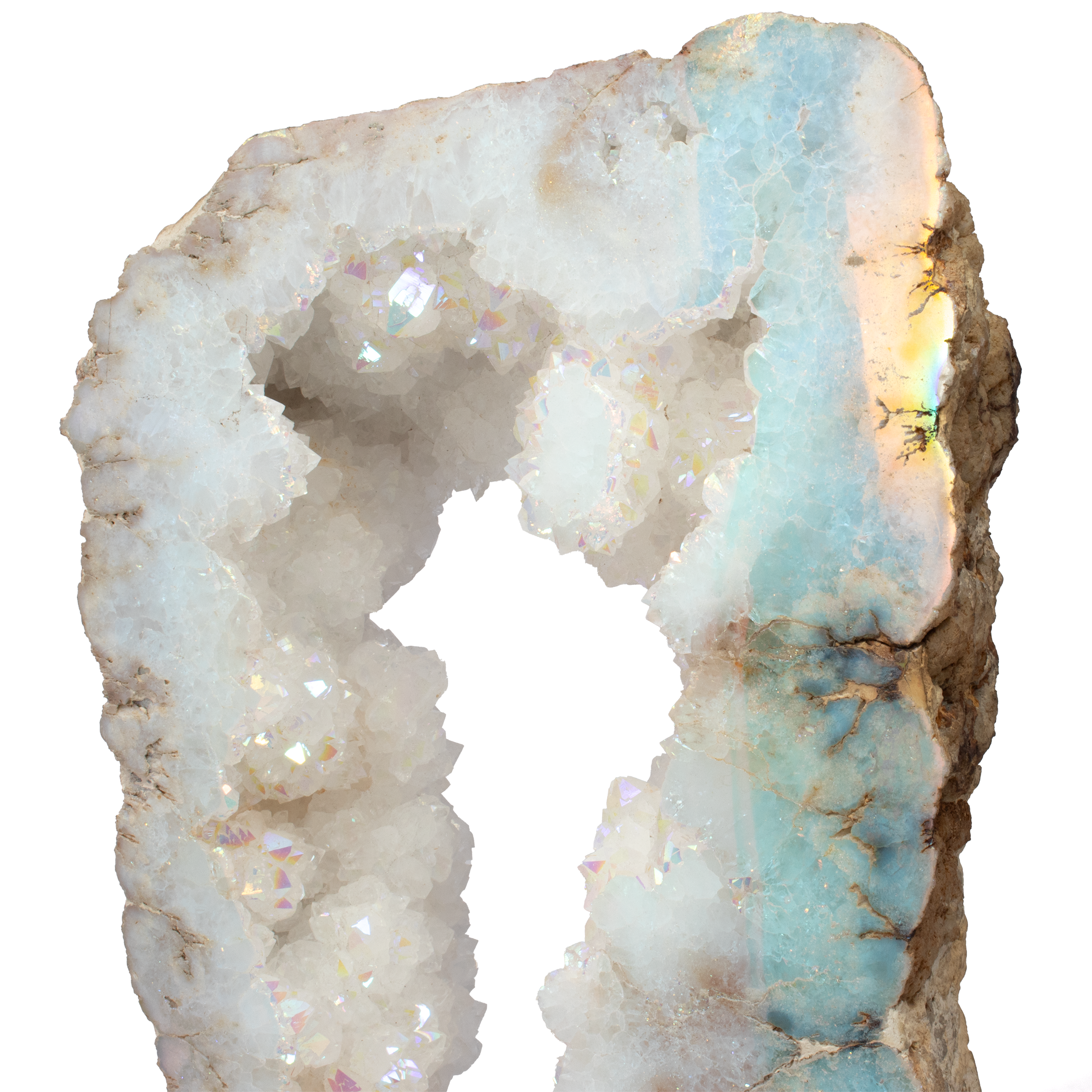 Elevate your space with the exquisite beauty of our Silicon Oxide Geode Ring on a Custom Stand with Rotating Base. This statement piece seamlessly merges the raw elegance of nature with refined craftsmanship, making it a perfect centerpiece for any room or collection.This geode ring features a stunning Silicon Oxide formation, known for its intricate crystal patterns and natural allure. One side is expertly cut and polished flat, revealing the mesmerizing internal landscape of the geode, while maintaining the organic beauty of its exterior.The custom stand is equipped with a rotating base, allowing you to admire your geode from every angle. This feature not only adds a dynamic element to the display but also makes it easier to showcase its multifaceted beauty to guests or clients. Silicon Oxide Geode Ring on Custom Stand with Rotating Base - One Side Cut & Polished Flat