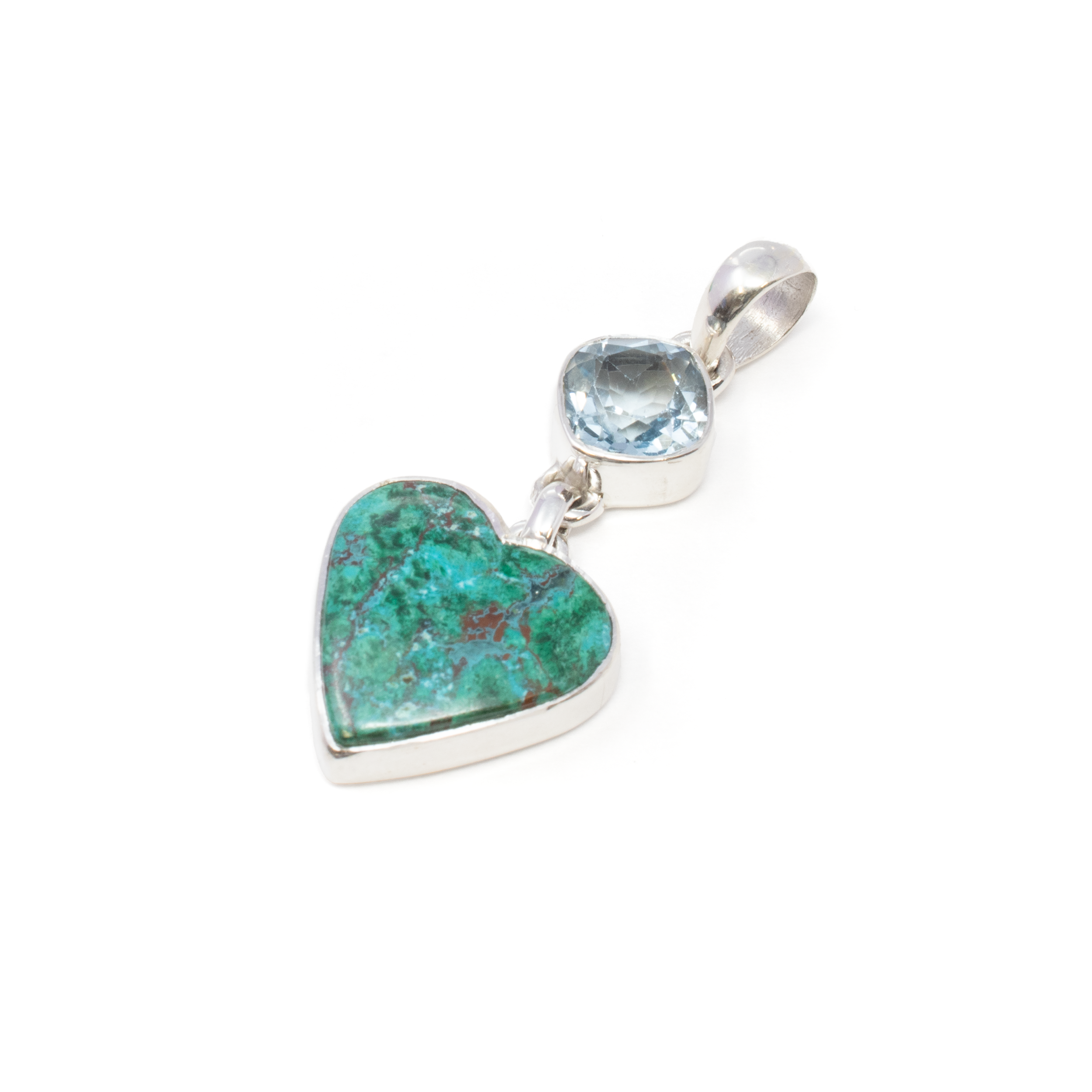 Chrysocolla Pendant - Heart Cabochon with Faceted Blue Topaz Rounded Diamond Set Square on Top - Bezel Set with 925 Sterling Silver