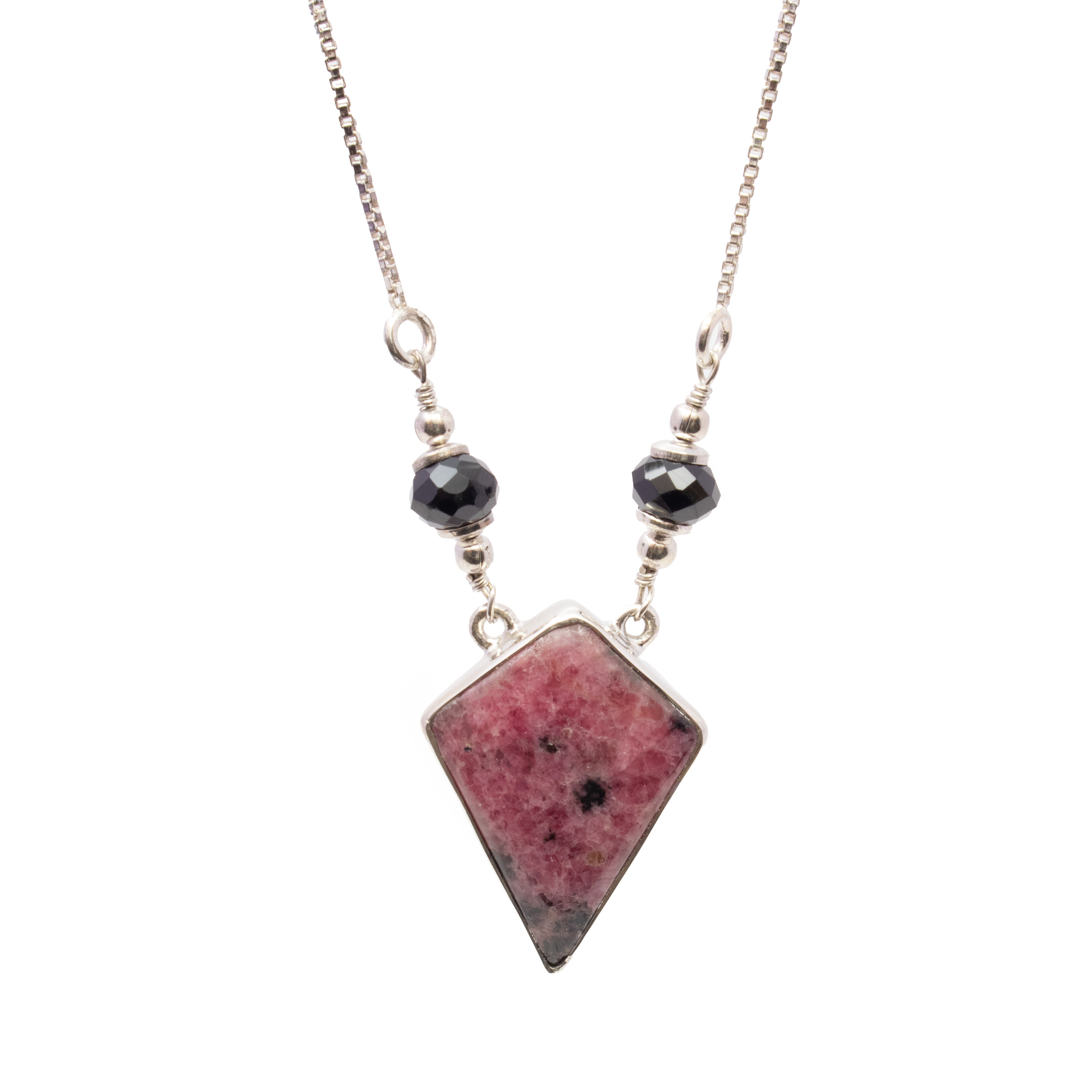 Rhodonite Necklace - Kite Cabochon with 2 Faceted Black Spinel Rondelles with 925 Sterling Silver Bezel & Box Chain