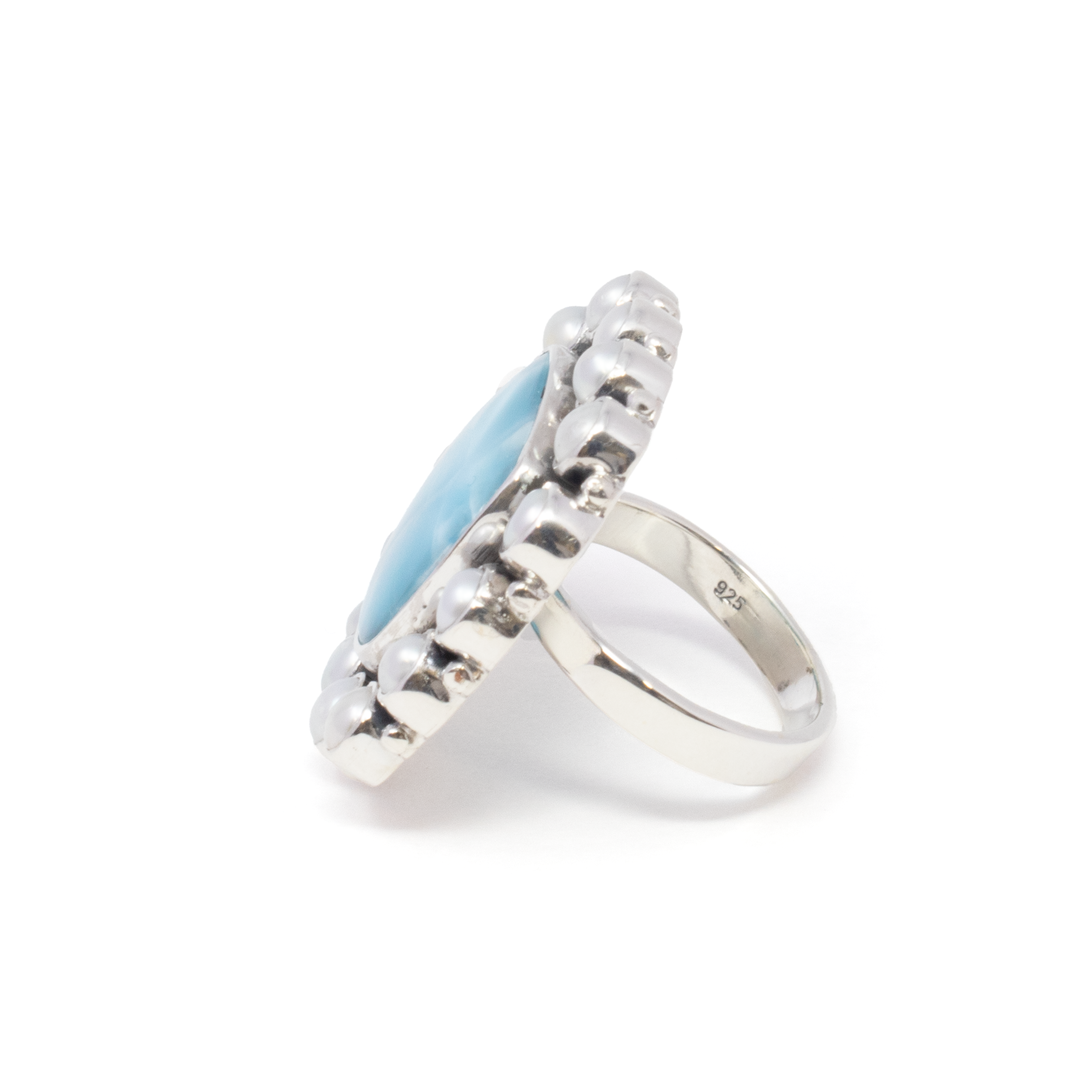 Larimar Ring - Square Cabochon with 15 Freshwater Pearl Rounds Set in 925 Sterling Silver Bezel szADJ