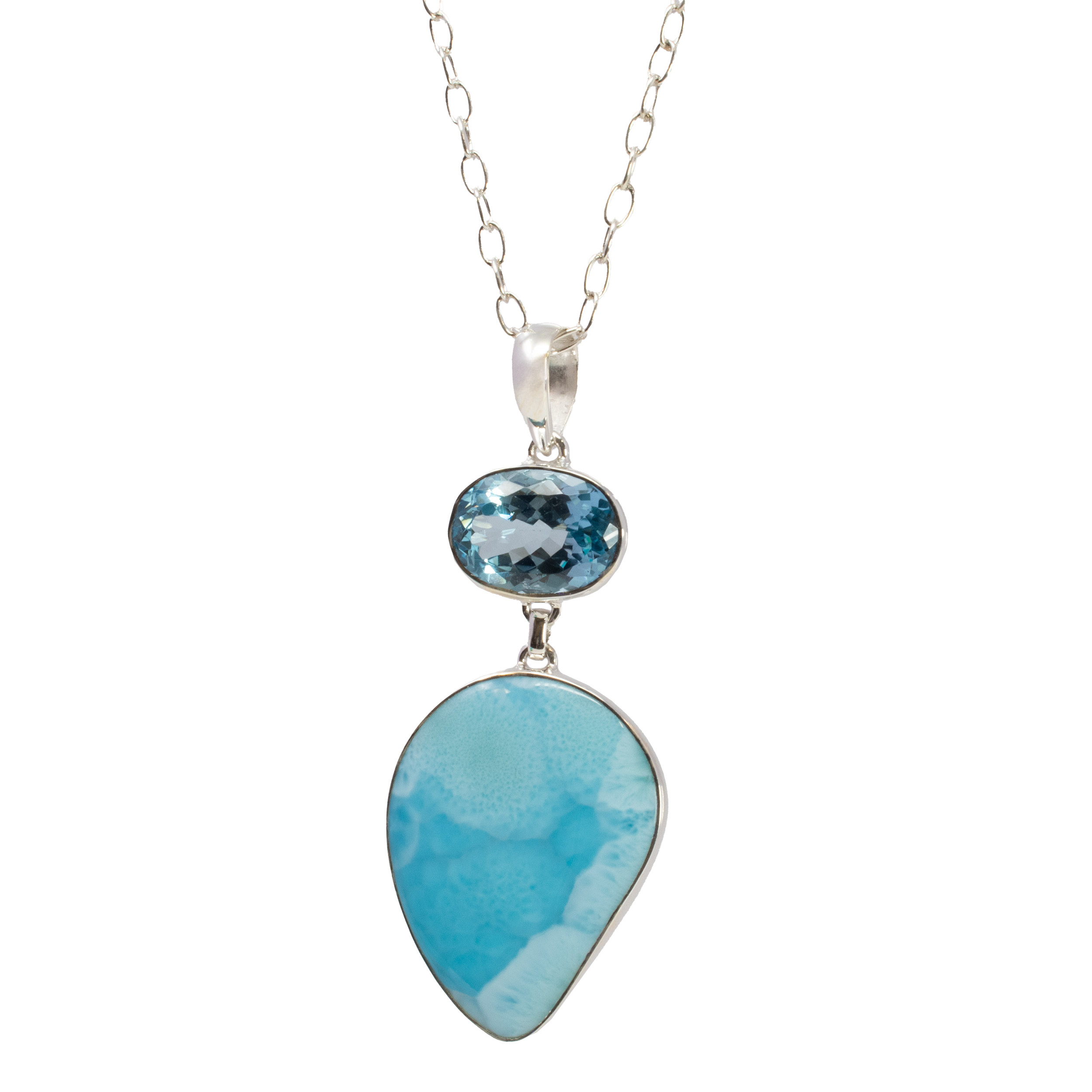 Indulge in the ethereal beauty of our Larimar Necklace, a masterpiece that encapsulates the tranquil aura of the Caribbean Sea. This exquisite piece features a freeform Larimar cabochon, known for its mesmerizing azure hues and unique patterns that evoke the endless sky and sea. Crowned with a faceted blue topaz oval, this necklace captures light with every movement, creating a dance of refreshing blue sparkles.Expertly set in a 925 sterling silver bezel, the stones are showcased with elegance and security, allowing the natural beauty of the gemstones to shine through. The pairing of Larimar and blue topaz gives this necklace a harmonious balance, making it a versatile piece that complements any attire. Larimar Necklace - Freeform Cabochon with Faceted Blue Topaz Oval on Top Set with 925 Sterling Silver Bezel on Link Chain 2"+