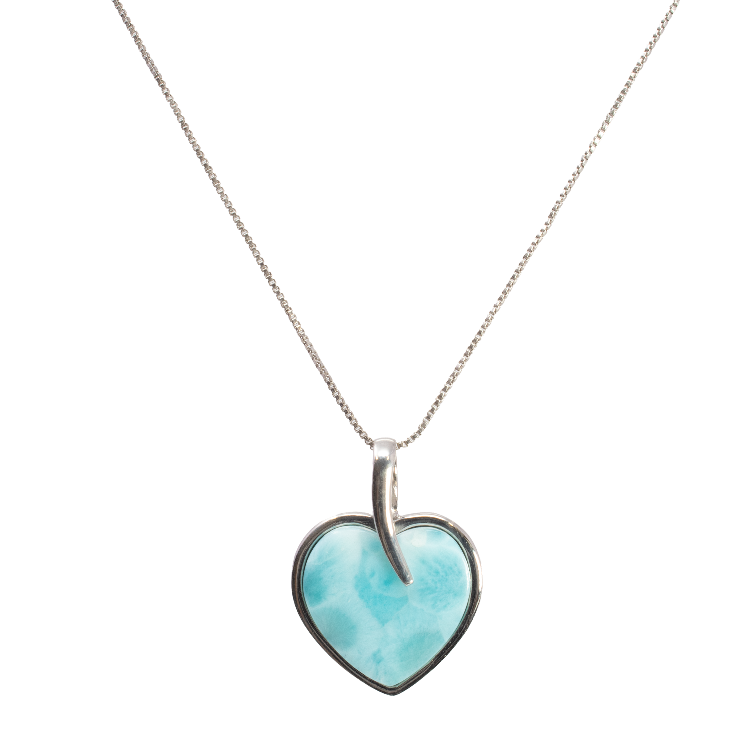 Larimar Necklace - Heart Cabochon with 925 Sterling Silver Bezel & Long Bail with Rhodium Box Chain