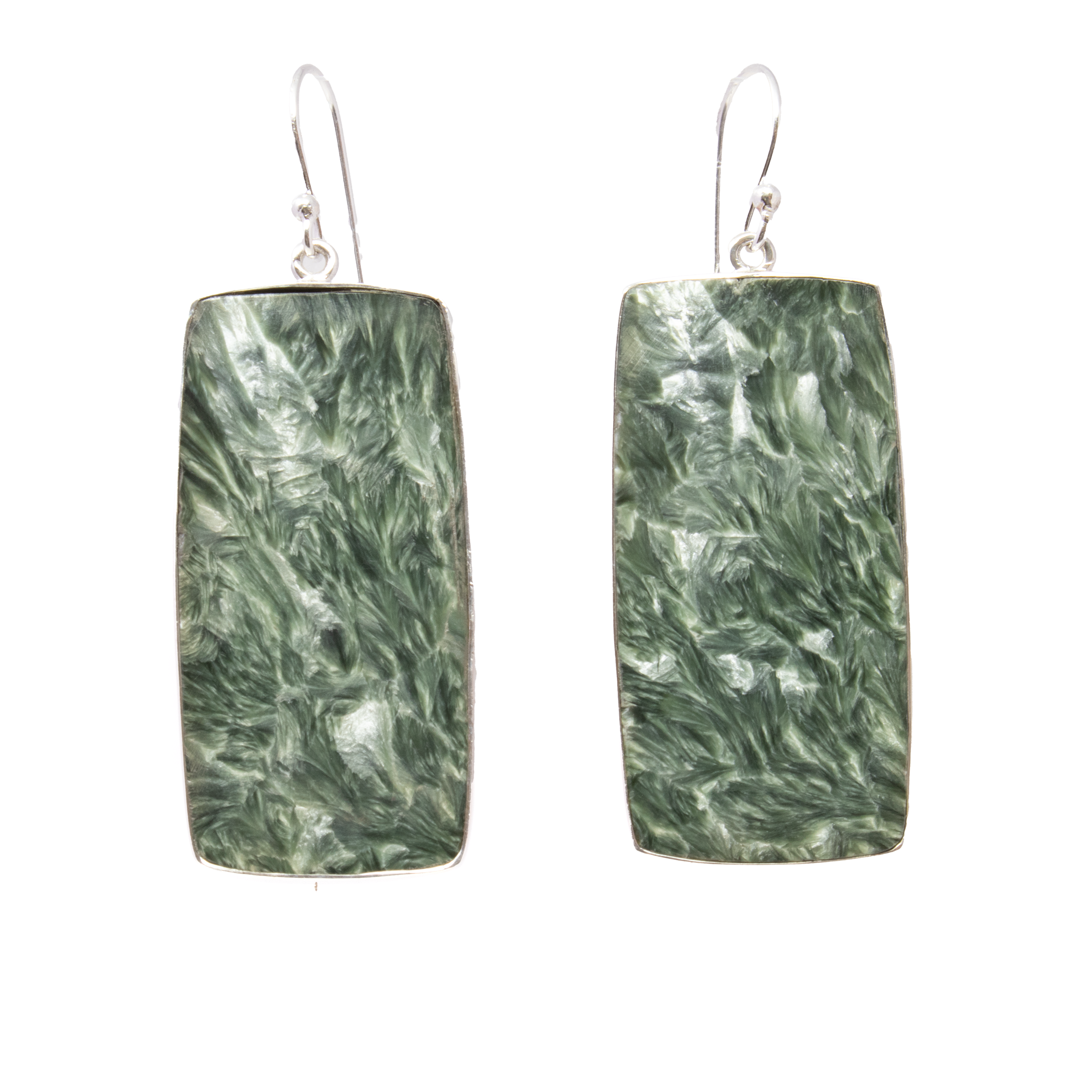 Seraphinite Dangle Earrings - Elongated Flat Cut Rectangle Cabochon with Simple 925 Sterling Silver Bezel 1"+