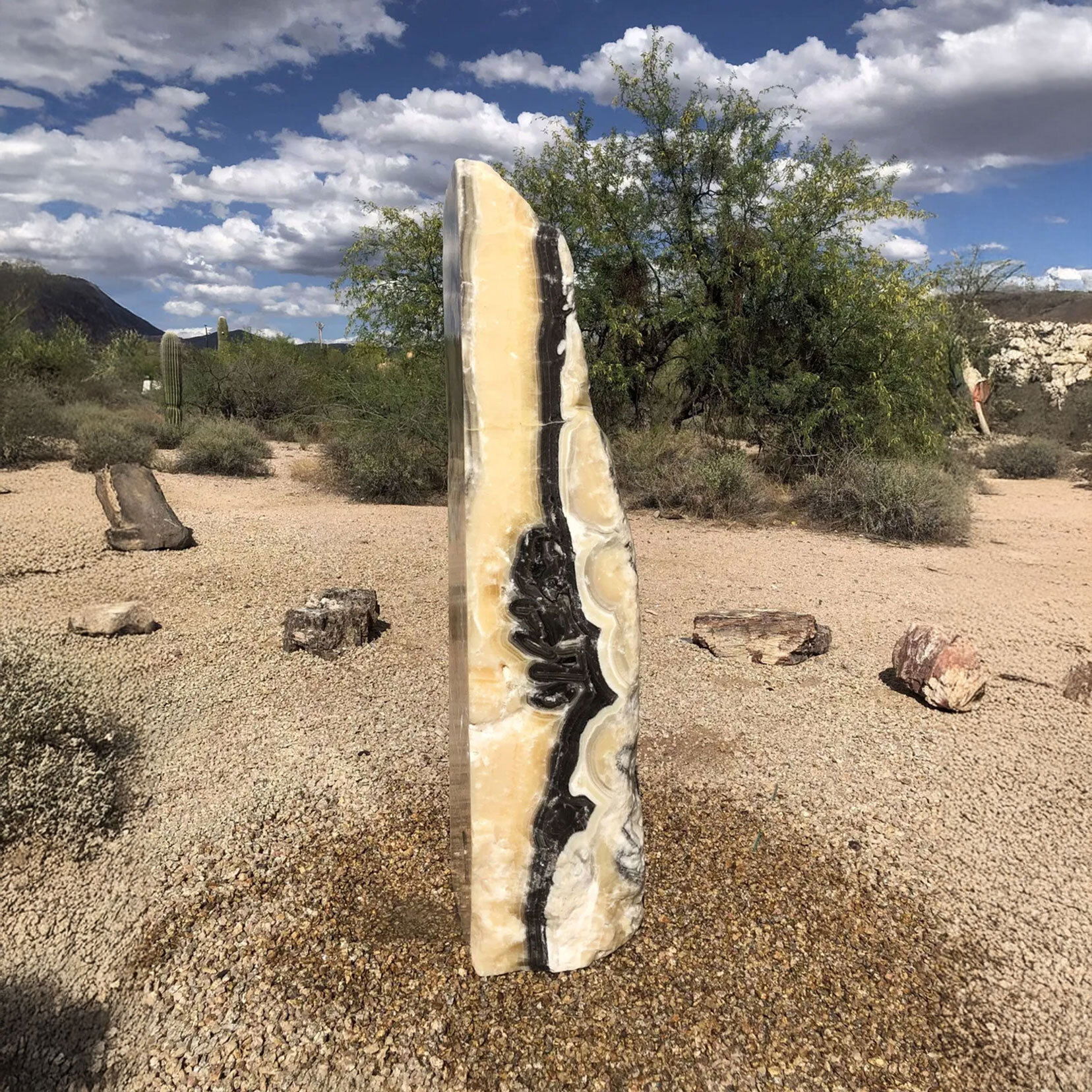 Elevate your outdoor space with the striking Zebra Onyx Pinnacle Column Fountain. Hand-carved from authentic Zebra Onyx, this bold column features dramatic bands of black, white, and gold that shimmer in sunlight, revealing the stone’s natural elegance. Its tapered silhouette and commanding height create a powerful focal point for gardens, patios, or entryways. Precision-drilled for seamless water flow (note: basin and pump not included—this listing is for the onyx column only), it brings sculptural beauty and enduring luxury to any landscape. IMPORTANT: the purchase price listed is for the FOUNTAIN ONLY and DOES NOT INCLUDE the cost of a basin, pump, parts or installation. Before purchasing a fountain online, we STRONGLY recommend you call us at (480) 575-4360 for a FREE consultation to discuss these additional costs and schedule a pre-site inspection. Also, free shipping does NOT apply to fountains, please call for a quote. Zebra Onyx Pinnacle Column Fountain
