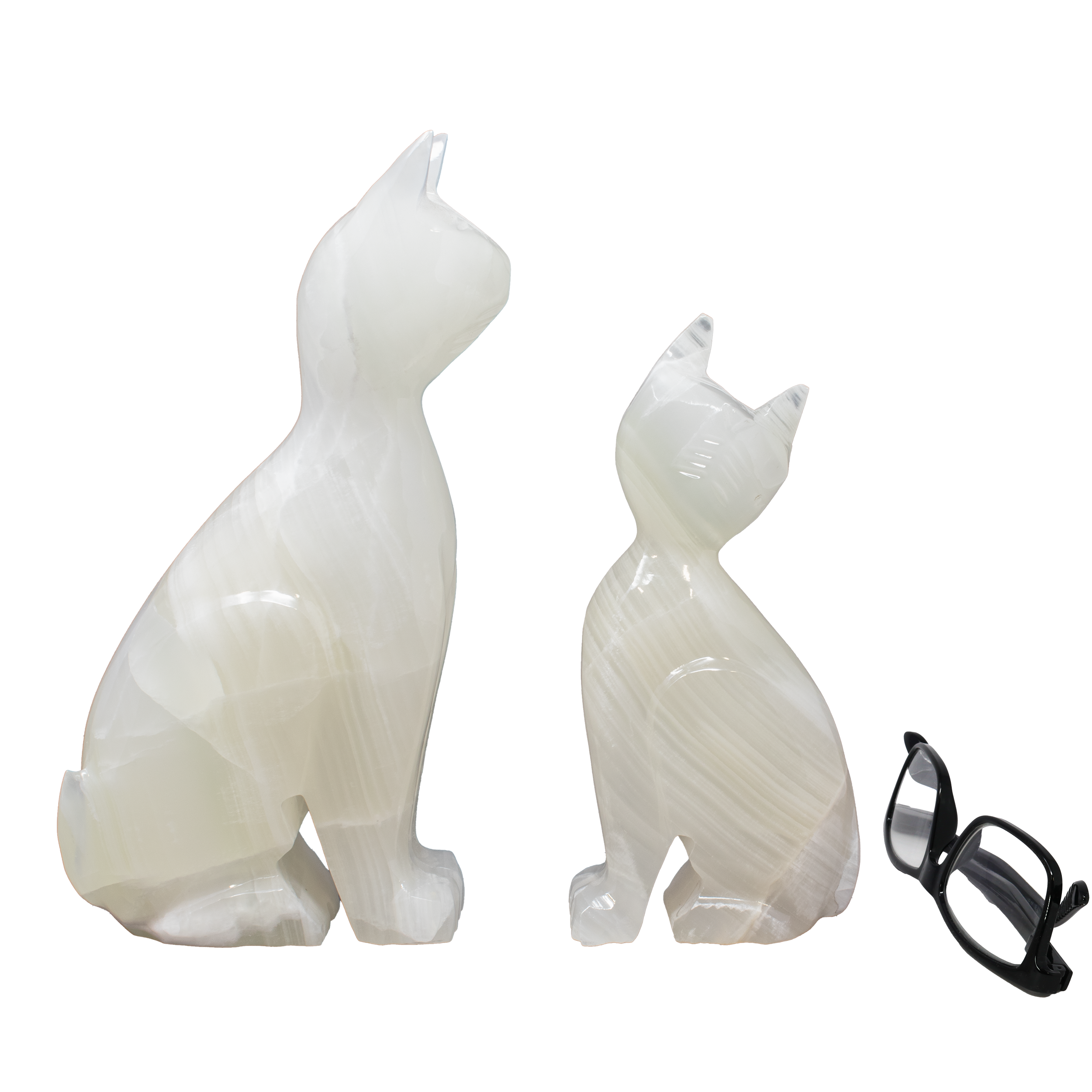 Ice White Onyx Cat Carving Duo - Sitting Pretty