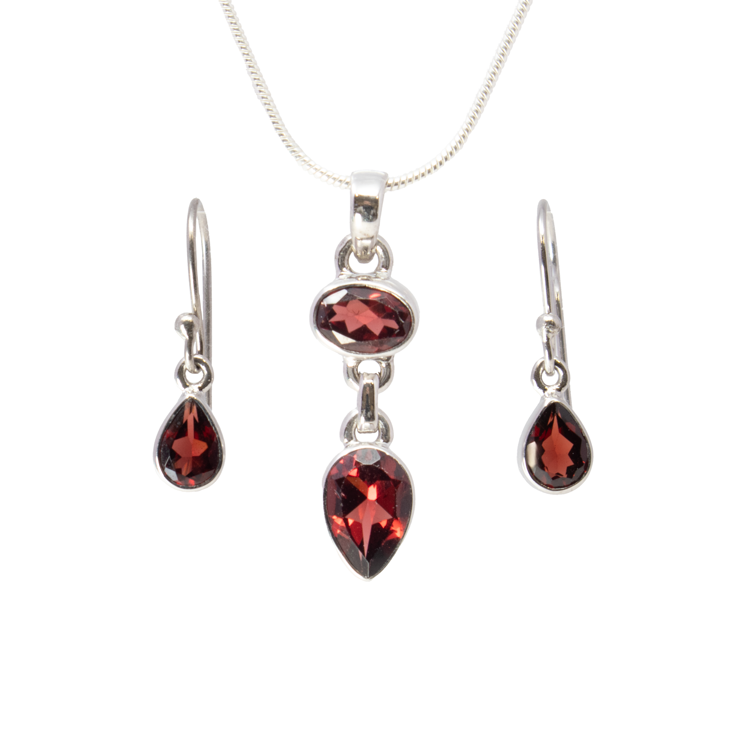 Faceted Garnet Set - Pendant & Dangle Earrings - Oval & Pear Pendant with Pear Dangle Earrings Set in 925 Sterling Silver