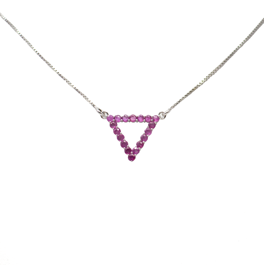Shot of Faceted Ruby Necklace - Open Triangle with 18 Prong Set Faceted Rounds on Simple 925 Sterling Silver Box Chain