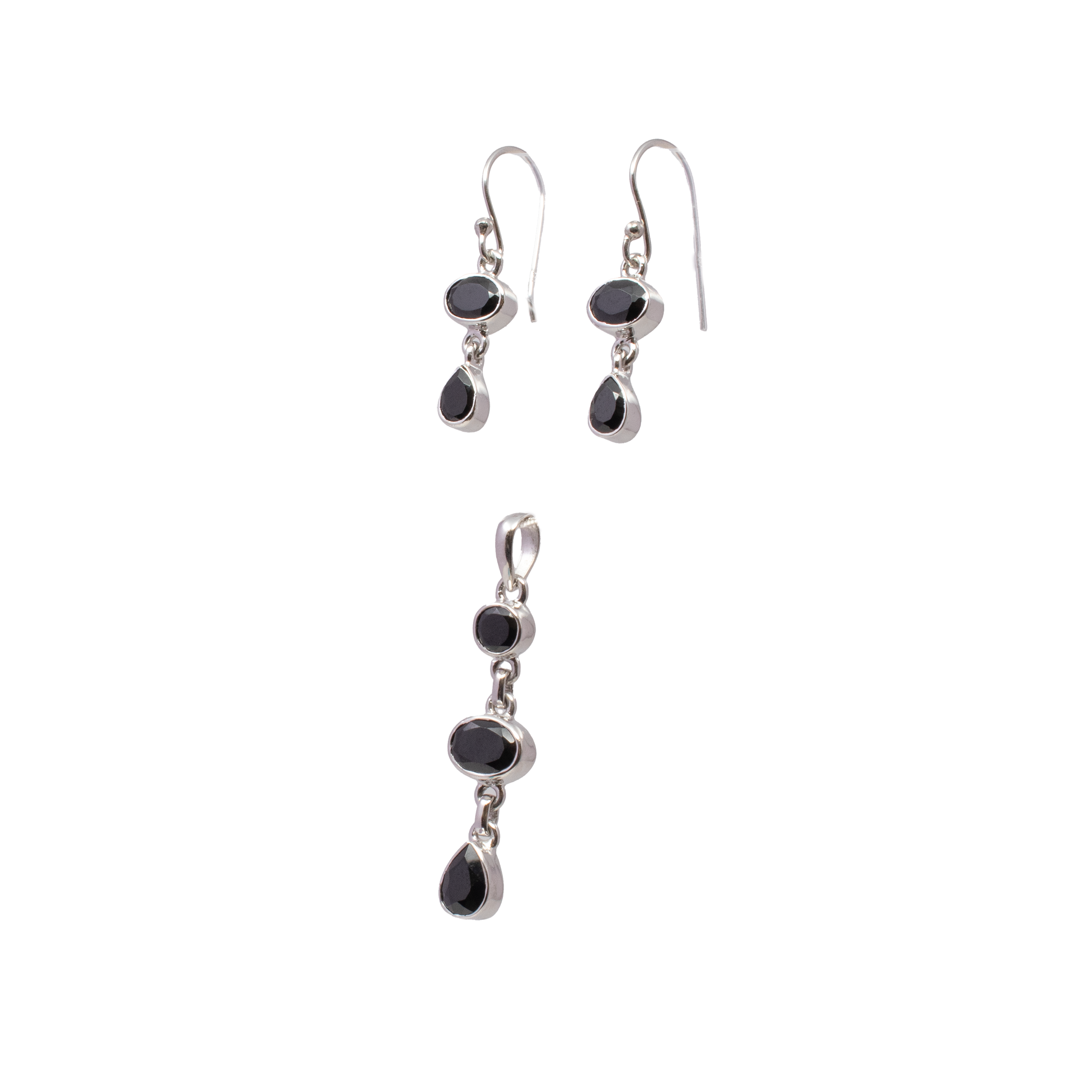 Introducing the Black Spinel Set, an exquisite collection designed to add a touch of elegance and sophistication to any ensemble. This stunning jewelry set features a beautiful combination of a pendant and dangle earrings, meticulously crafted to showcase the deep, mysterious allure of black spinel gemstones.At the heart of this set is the captivating pendant, featuring both oval and pear-shaped black spinel stones. Each gemstone is expertly cut to enhance its natural brilliance and depth, creating a mesmerizing focal point. The pendant is elegantly set in high-quality 925 sterling silver, ensuring both durability and a lustrous finish that complements the striking beauty of the spinel. Suspended from a delicate chain, this pendant is designed to rest gracefully at the décolleté, making it the perfect accessory for both day and evening wear.Complementing the pendant are the exquisite pear dangle earrings. Each earring features a lustrous black spinel, carefully shaped into a sophisticated pear that dangles gracefully from the earlobe. Surrounded by 925 sterling silver, these earrings not only promise lasting quality but also exude a timeless charm. The lightweight design ensures comfort without compromising style, making them an ideal choice for any occasion, from casual outings to formal events. Black Spinel Set - Pendant & Dangle Earrings - Oval & Pear Pendant with Pear Dangle Earrings Set in 925 Sterling Silver