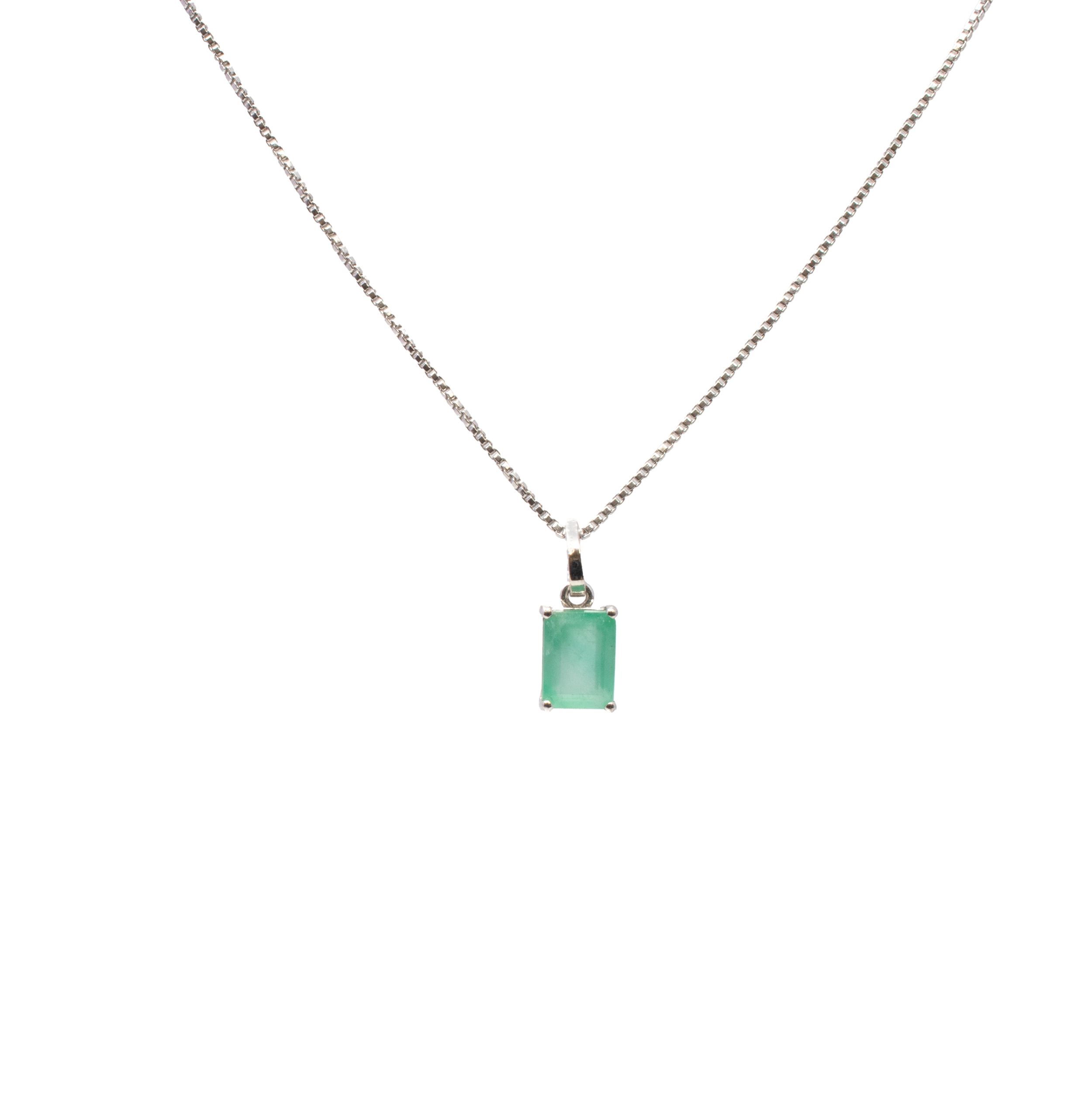 Faceted Emerald Necklace - Emerald Cut Rectangle Prong Set with 925 Sterling Silver on Box Chain