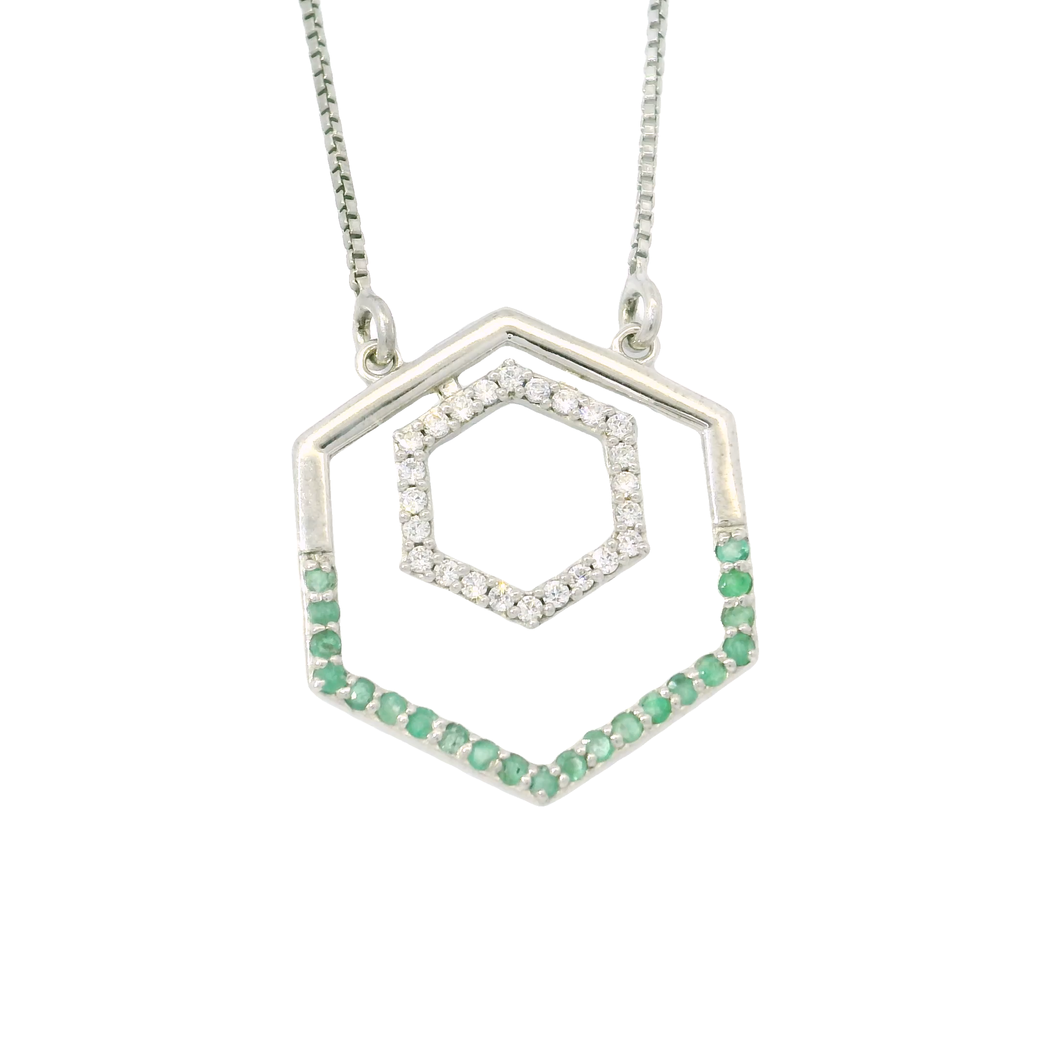 Faceted Emerald Necklace - Hexagon with Half Round Pave & Mini Hexagon Inside with White CZ Pave - 925 Sterling Silver Box Chain