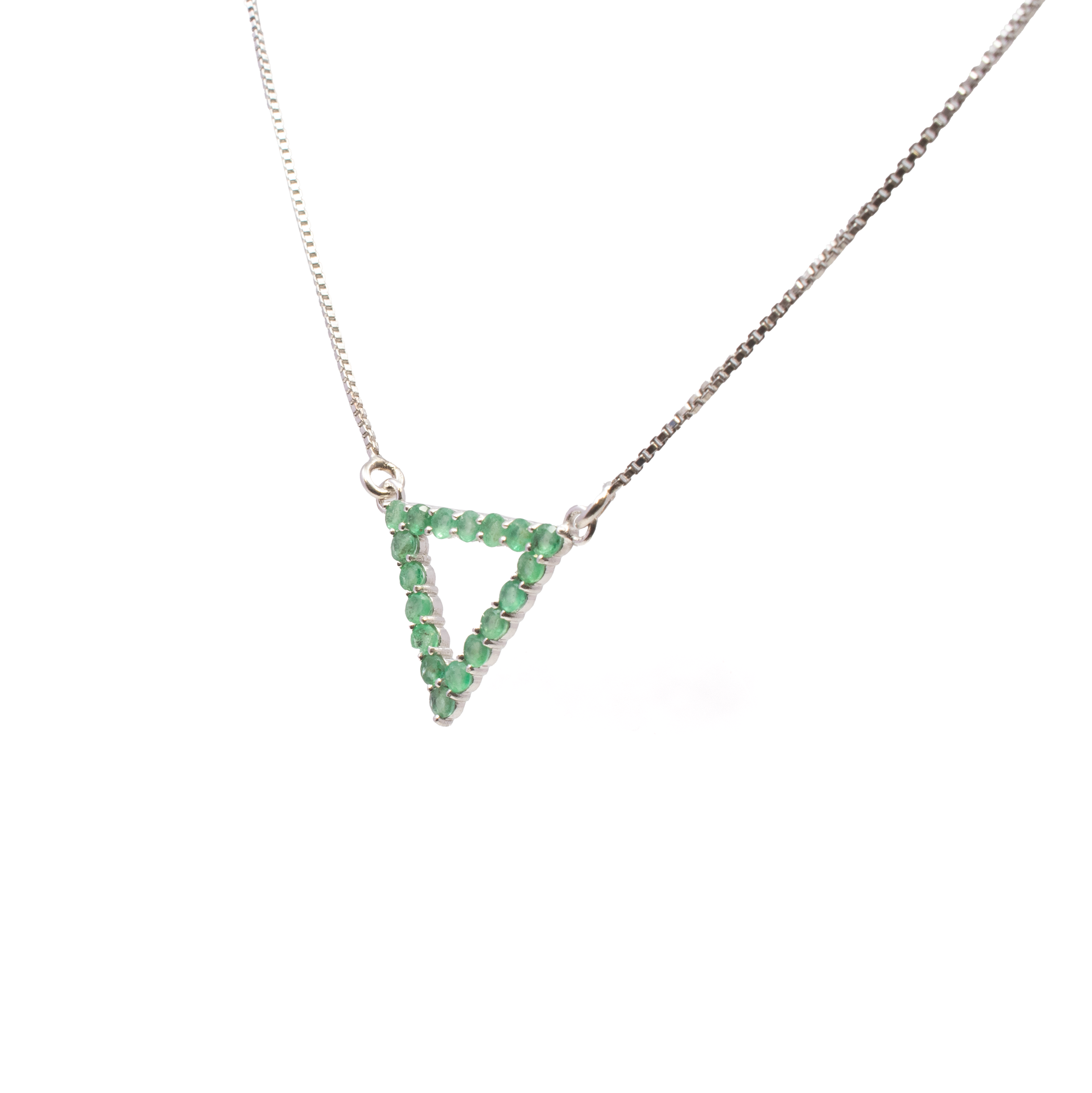 Faceted Emerald Necklace - Open Triangle with 18 Prong Set Faceted Rounds on Simple 925 Sterling Silver Box Chain