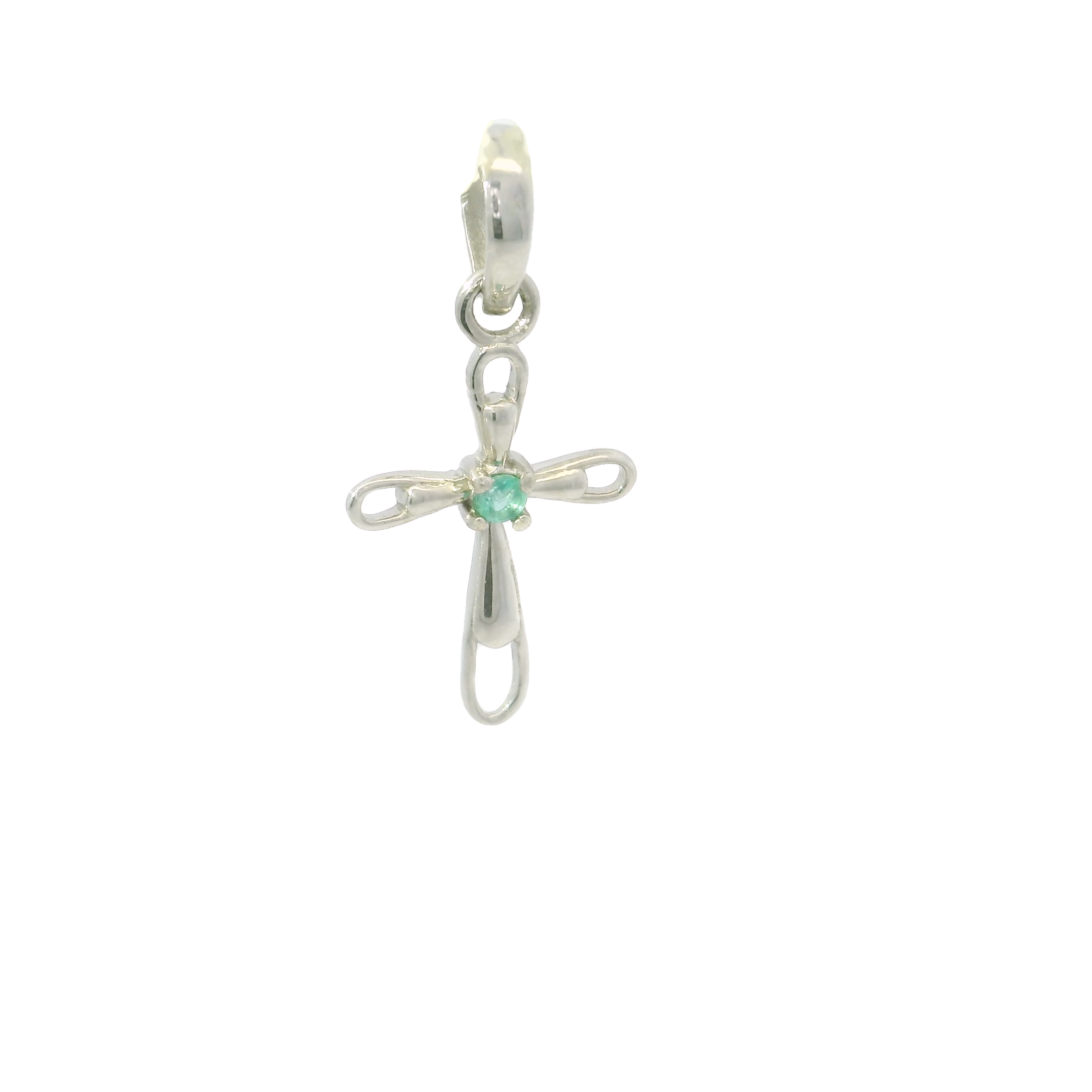 Elevate your jewelry collection with this exquisite Faceted Emerald Pendant, a harmonious blend of elegance and timeless beauty. Crafted with precision, this dainty pendant is designed to captivate and inspire.The pendant is crafted from high-quality 925 sterling silver, known for its durability and shine. The rhodium plating adds an extra layer of protection against tarnishing, ensuring long-lasting luster.The centerpiece of this pendant is a radiant faceted emerald, prong-set to perfection. Its vibrant green hue offers a captivating contrast against the cool, sleek silver, drawing the eye and exuding an aura of elegance. Faceted Emerald Pendant - Dainty 925 Sterling Silver (Rhodium Plated) Cross with Prong Set Round in Center & Cutout Edge