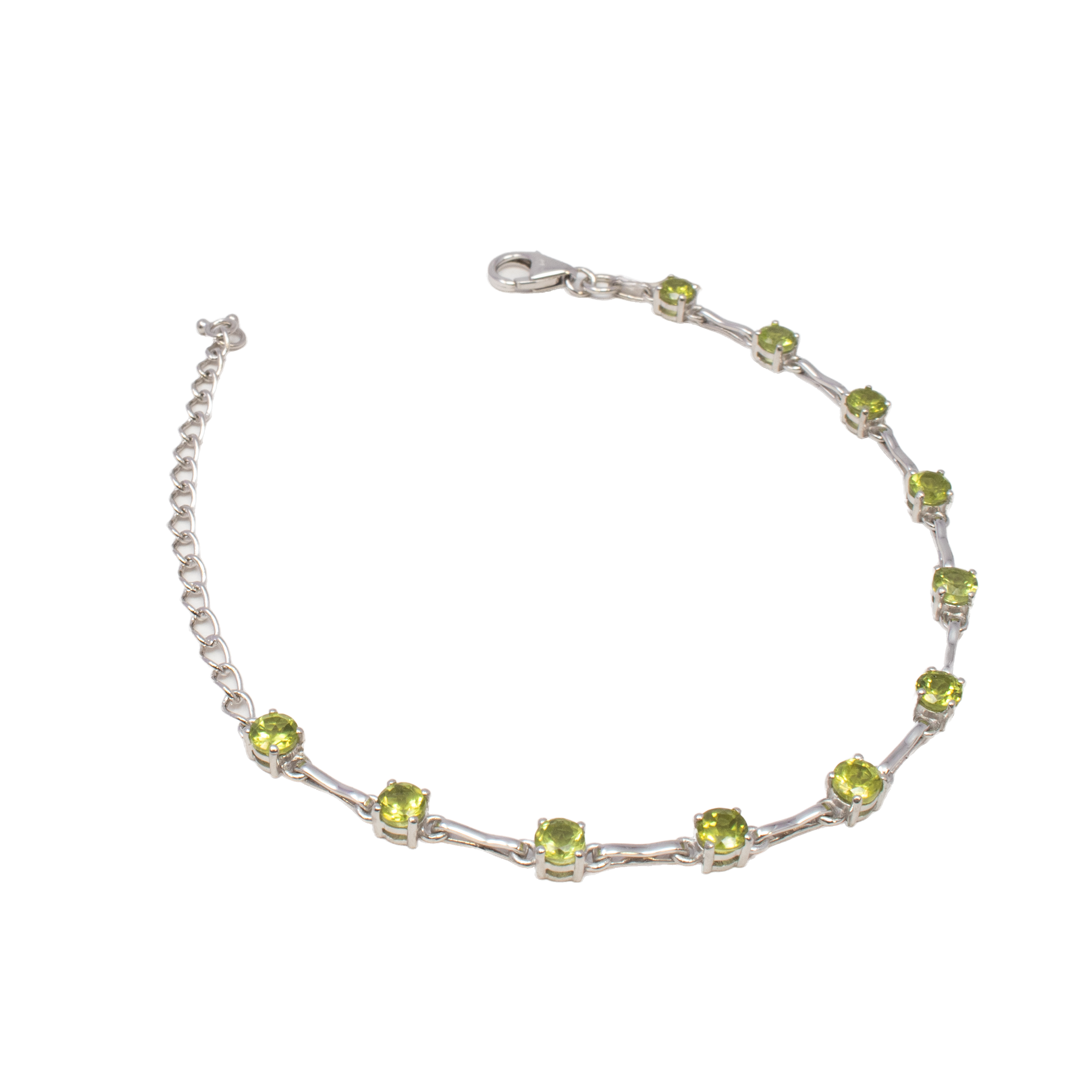 Faceted Peridot Link Bracelet - 11 4mm Rounds Prong Set with 925 Sterling Silver Bar Links In Between