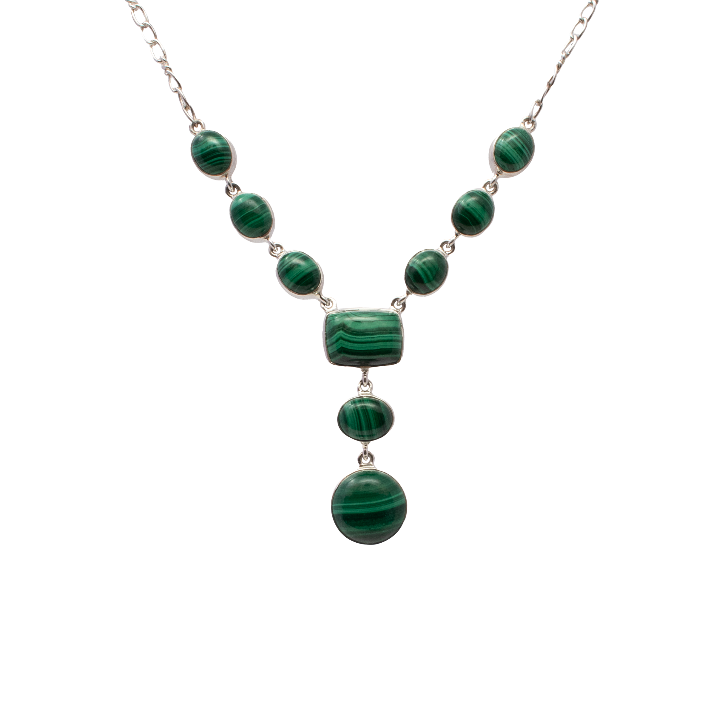 Malachite Necklace - Lavalier Style - 7 Oval Cabochons with Rectangle Cabochon & Round Cabochon with 925 Sterling Silver Bezel