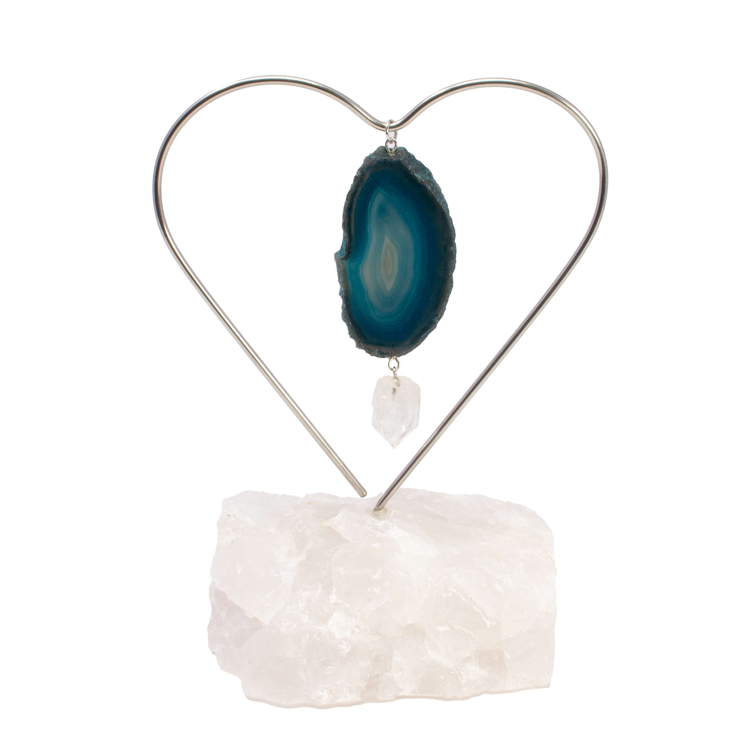 Dyed Teal Slice Desktop Heart Frame On Quartz Base