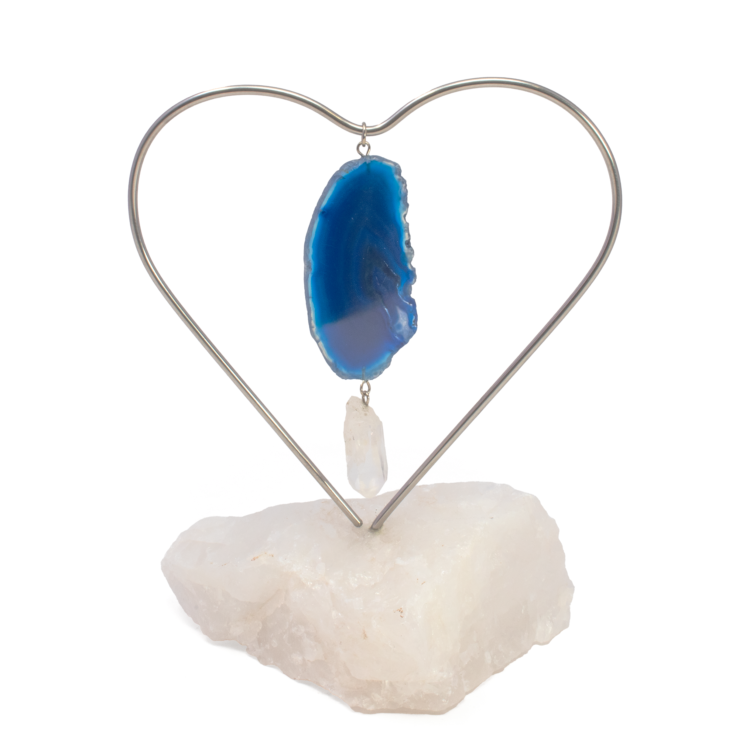 Dyed Dark Blue Agate Slice Desktop Heart Frame On Quartz Base