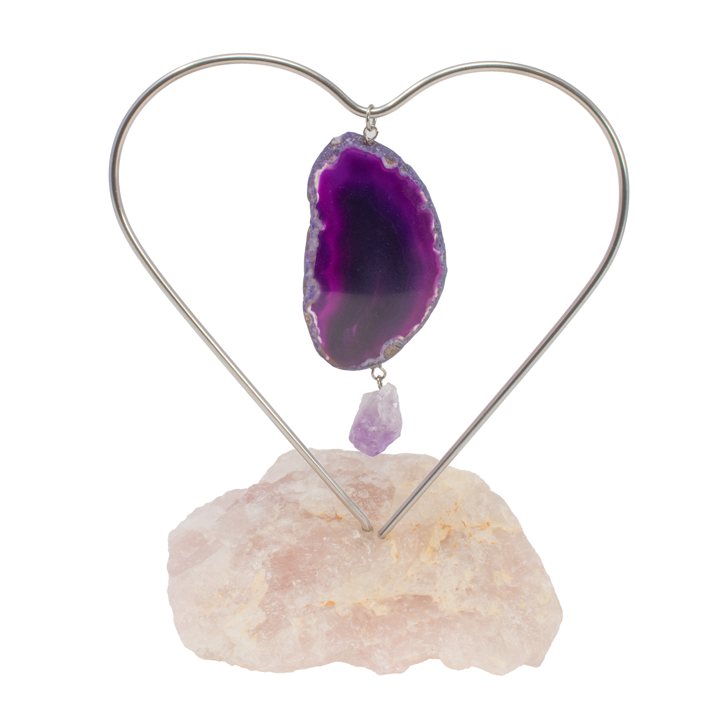 Dyed Purple Agate Slice Desktop Heart Frame On Quartz Base