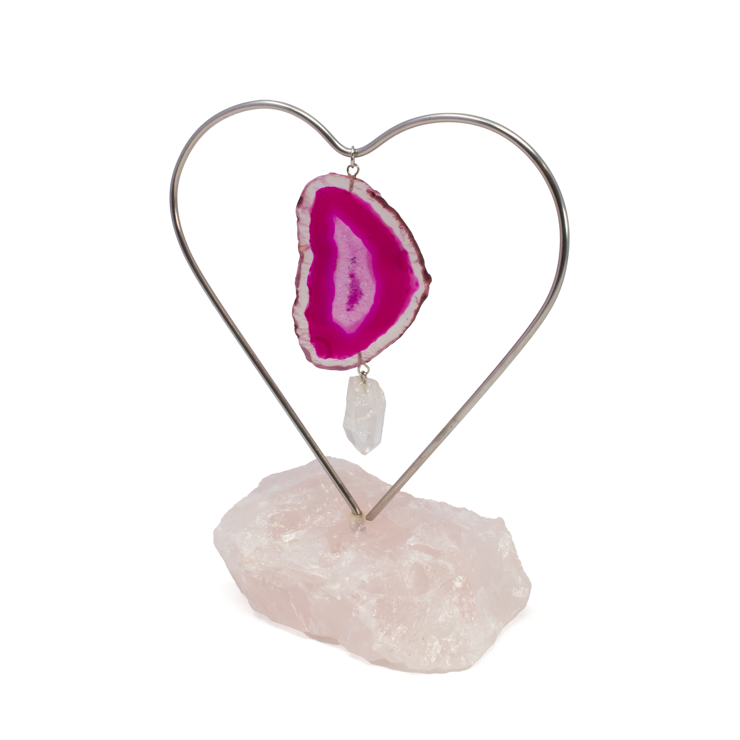 Dyed Pink Agate Slice Desktop Heart Frame On Quartz Base