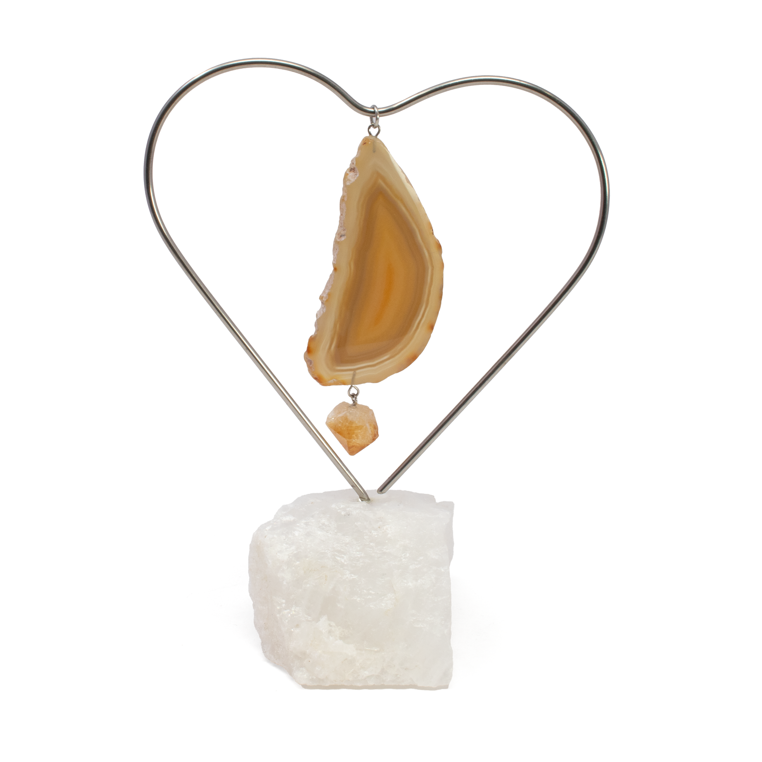 Natural Agate Slice Desktop Heart Frame On Quartz Base