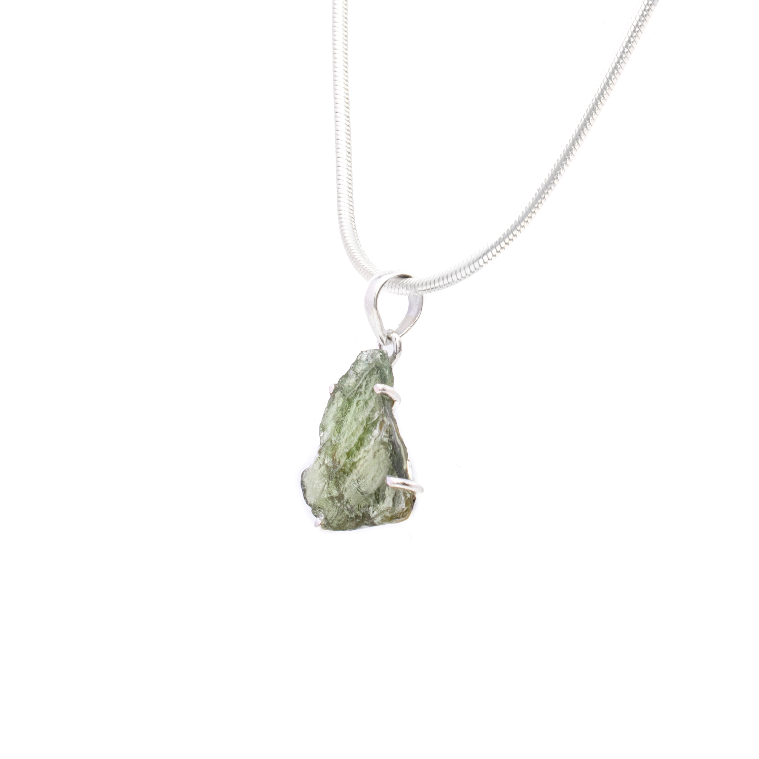 Moldavite Pendant - Freeform Prong Set with 925 Sterling Silver - Flat Shape