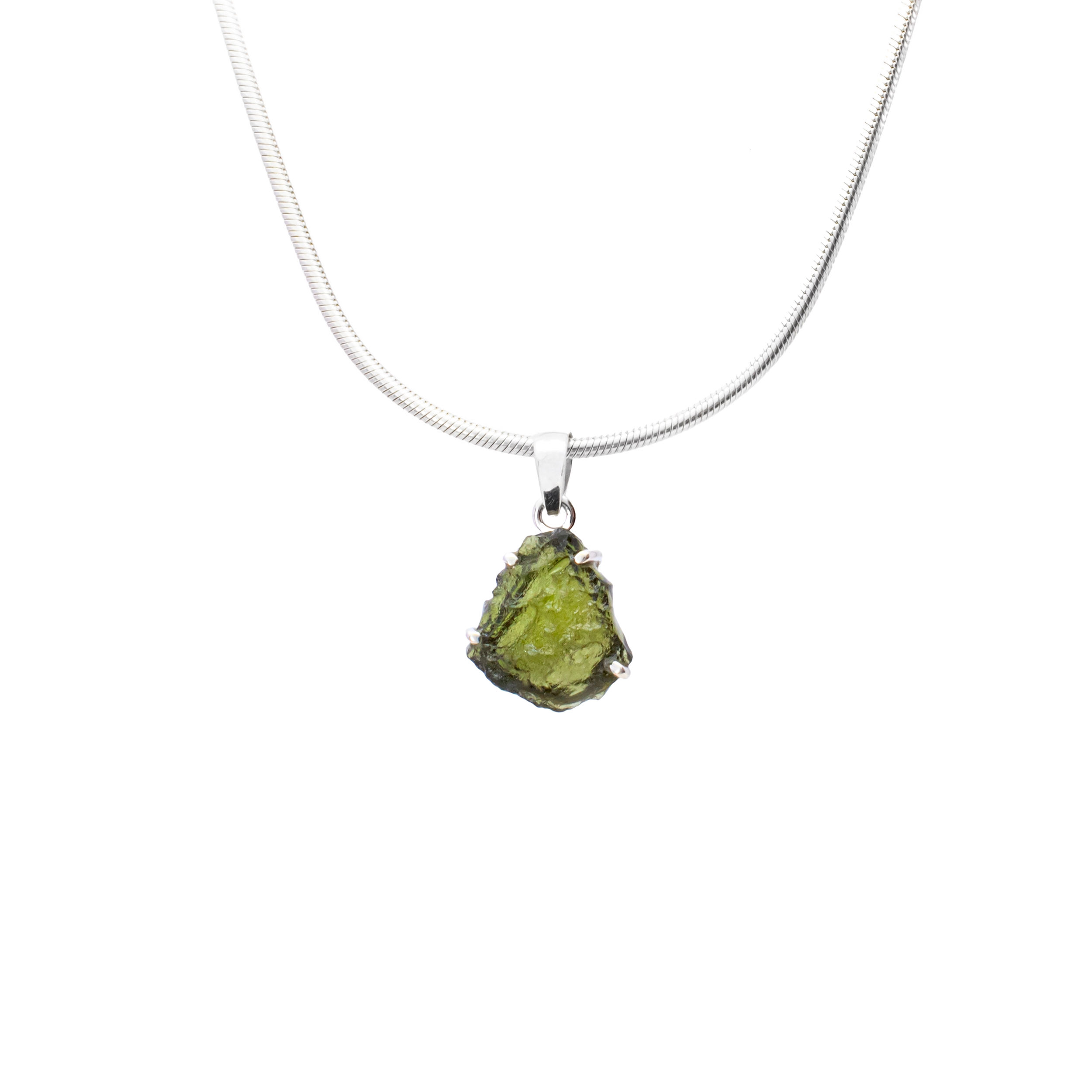 Moldavite Pendant - Freeform Prong Set with 925 Sterling Silver - Rounded Shape