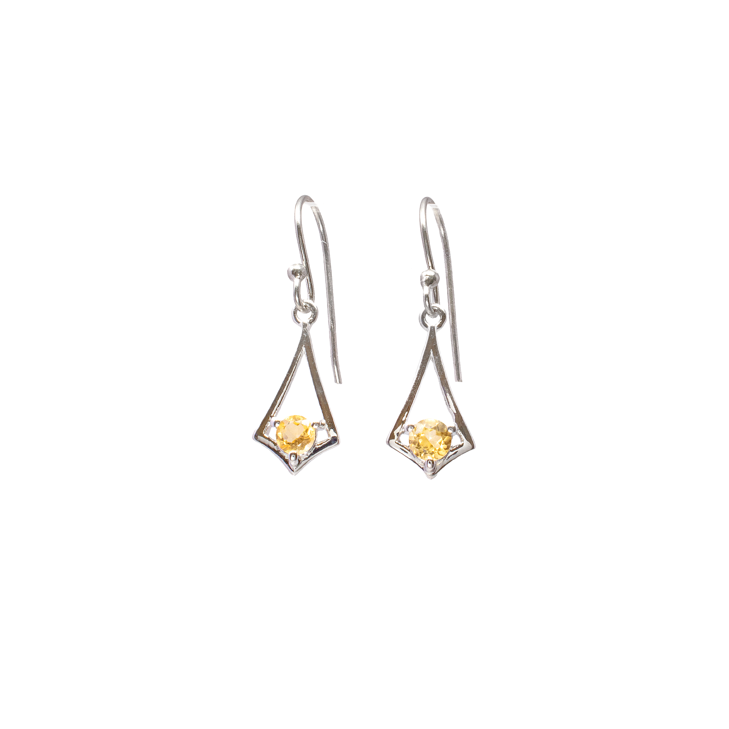 Elevate your style with our Faceted Citrine Dangle Earrings, a stunning addition to any jewelry collection. Expertly crafted, these earrings feature brilliant round faceted citrine gemstones that are prong-set to showcase their radiant sparkle. The warm, golden hue of the citrine beautifully complements the cool, elegant shine of the 925 sterling silver, creating a harmonious blend of color and brilliance.The earrings boast a delicate open tapered kite design that adds a touch of sophistication and modernity, making them perfect for both everyday wear and special occasions. The lightweight design ensures comfort, while the secure dangle setting allows for graceful movement with every step, catching the light from every angle. Faceted Citrine Dangle Earrings - Round Prong Set On Delicate 925 Sterling Silver Open Tapered Kite