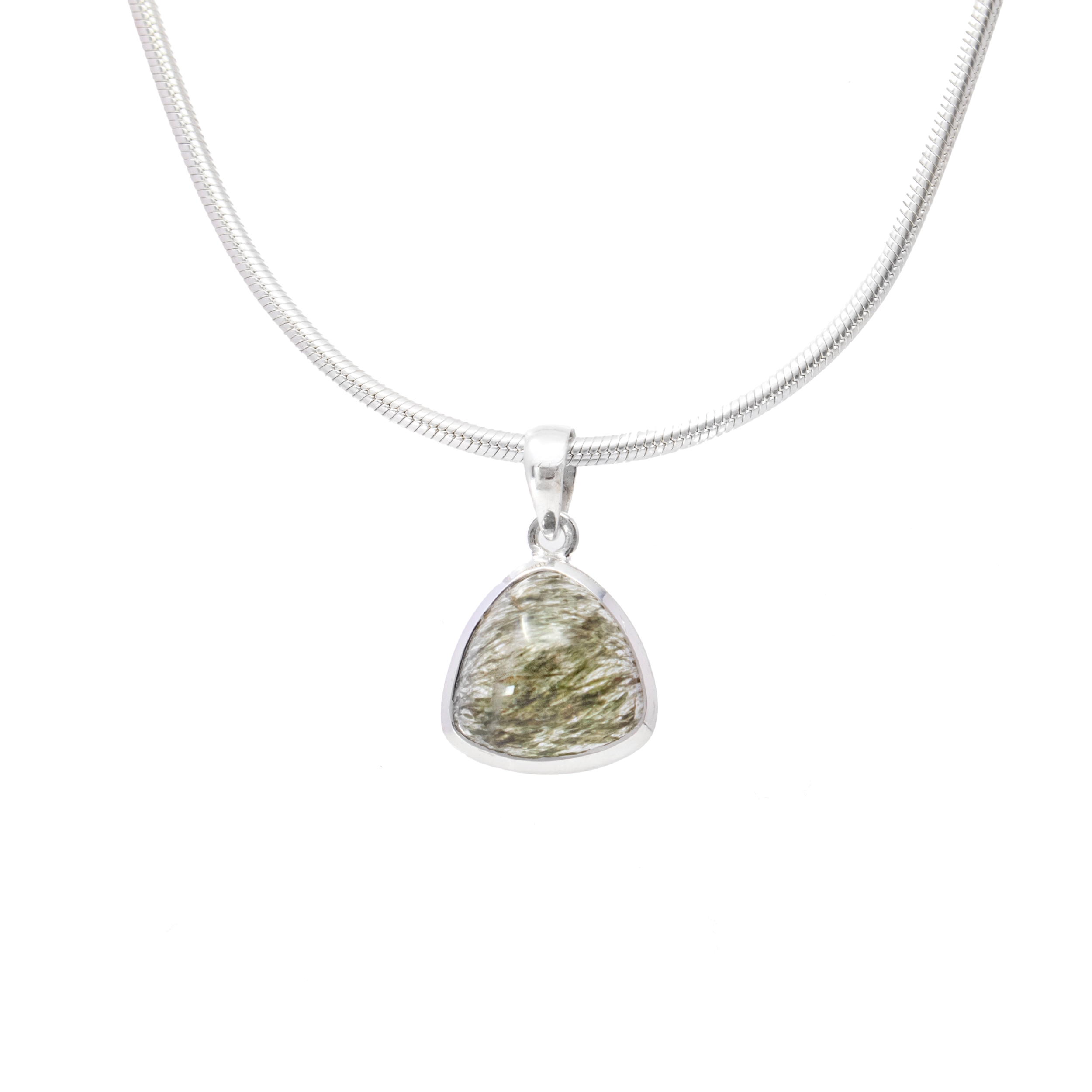 Green Rutile Pendant - Triangle Cabochon Set in 925 Sterling Silver Bezel