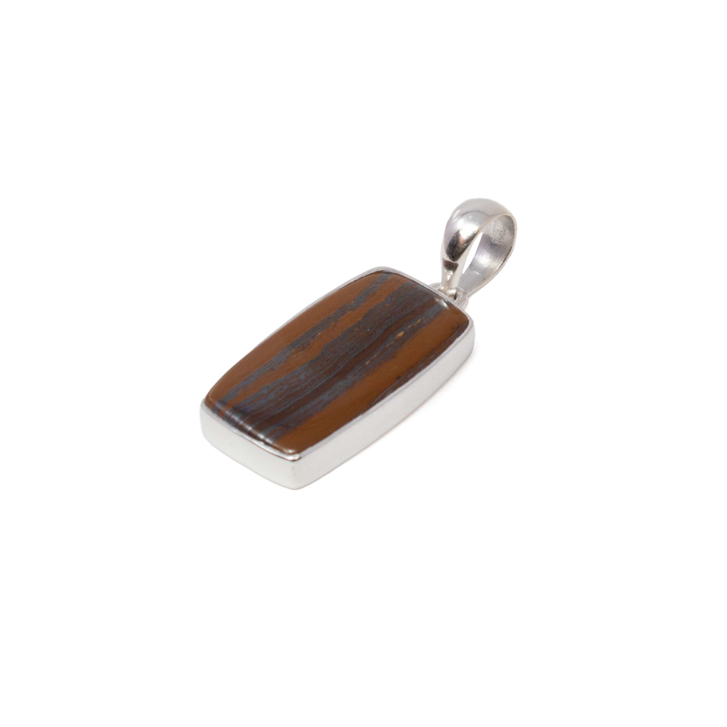 Introducing the stunning Iron Tiger's Eye Pendant, a captivating piece of women's jewelry that seamlessly blends the earthy allure of natural gemstones with timeless elegance. This exquisite pendant features a rectangular cabochon of Iron Tiger's Eye, known for its mesmerizing bands of rich, shimmering gold and deep, intricate browns. The gemstone's unique chatoyancy creates a dynamic play of light, making each piece truly one-of-a-kind.Expertly crafted, the pendant is set within a simple yet sophisticated bezel made from 925 sterling silver. This high-quality silver setting not only enhances the stone's natural beauty but also ensures durability, allowing the pendant to be cherished for years to come.Chain not included. Iron Tigers Eye Pendant - Rectangle Cabochon with Simple 925 Sterling Silver Bezel