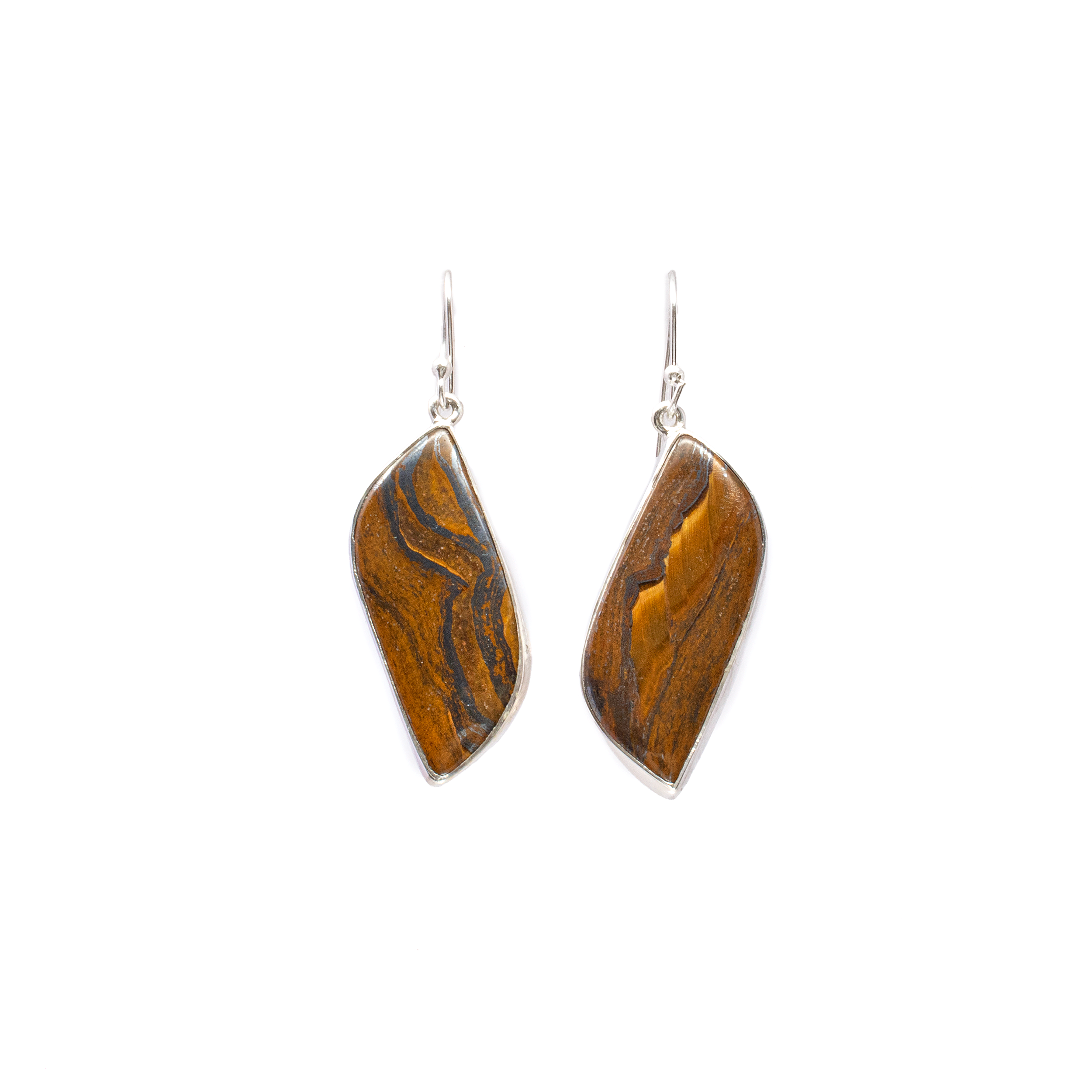 Elevate your style with the captivating allure of our Iron Tigers Eye Dangle Earrings. These exquisite earrings feature simple S-shaped cabochons of Iron Tigers Eye, known for their mesmerizing chatoyancy and unique banding that reflects light beautifully with every movement.Crafted with precision, each cabochon is securely set in a high-quality 925 sterling silver bezel, offering a timeless and elegant frame that complements the natural beauty of the gemstone. The sterling silver not only enhances durability but also adds a touch of sophistication, ensuring these earrings remain a staple in your jewelry collection for years to come. Iron Tigers Eye Dangle Earrings - Simple S-Shaped Cabochon with 925 Sterling Silver Bezel