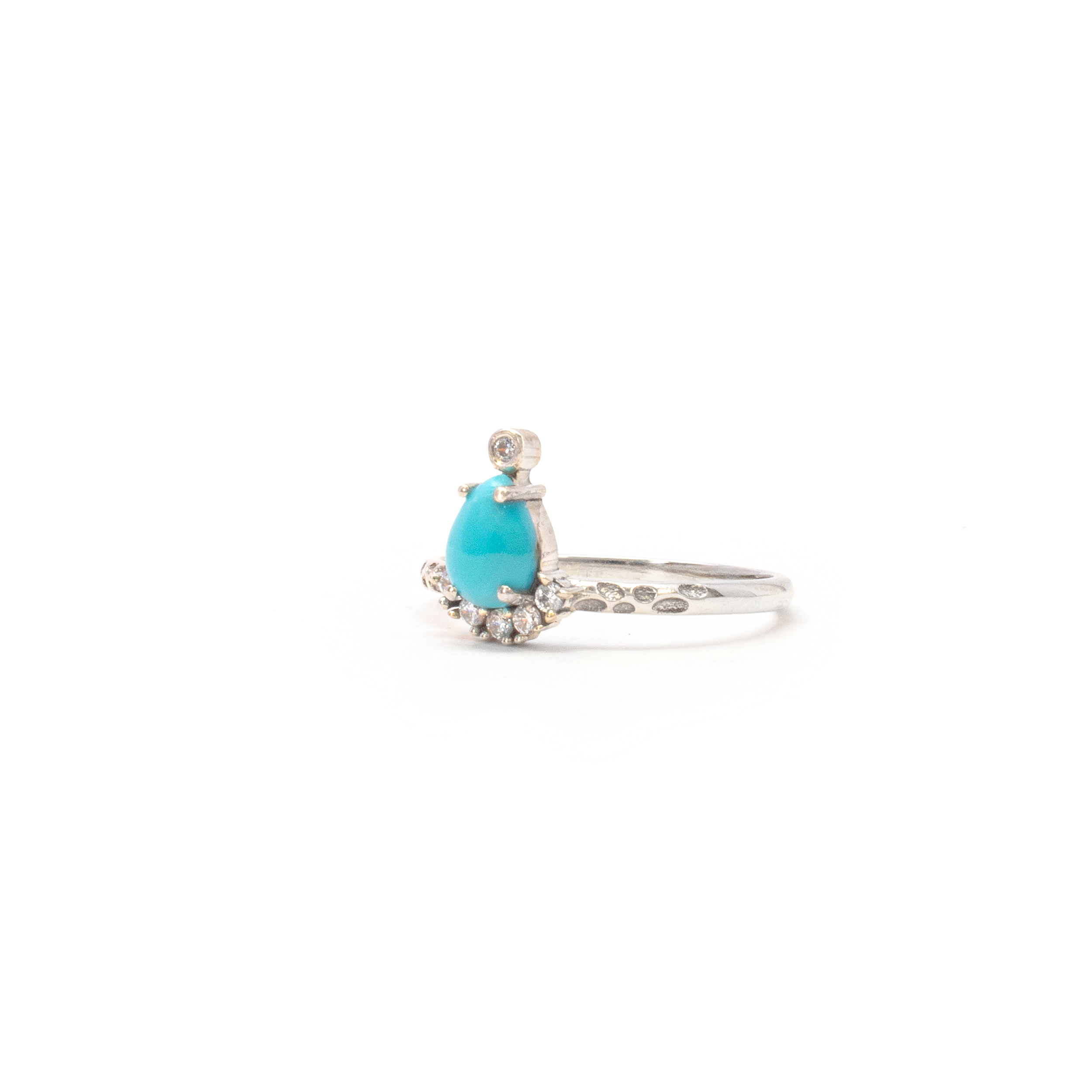 Turquoise Ring - Pear Cabochon Prong Set with White Czs on 925 Sterling Silver Stamped Band sz8