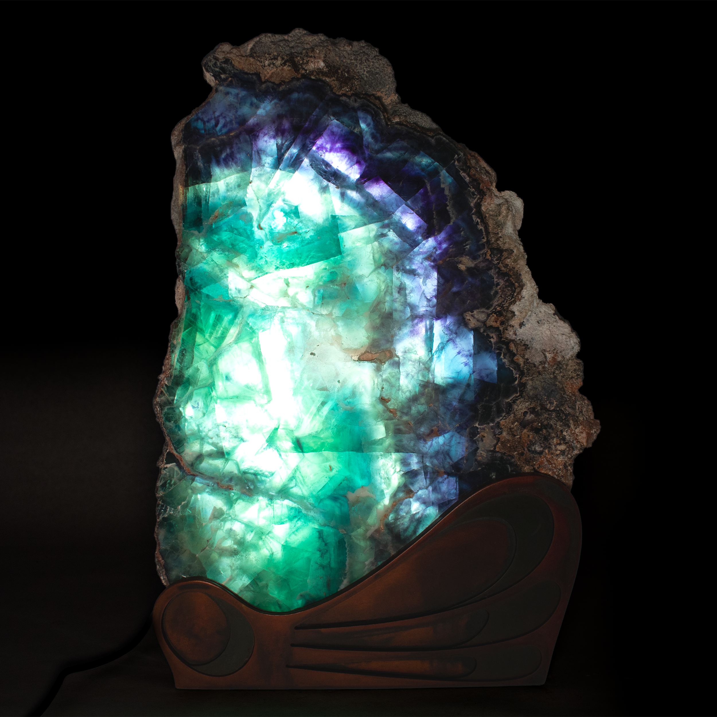 Rainbow Fluorite Slice Table Lamp with Caliche Exterior on Wave Design Stand