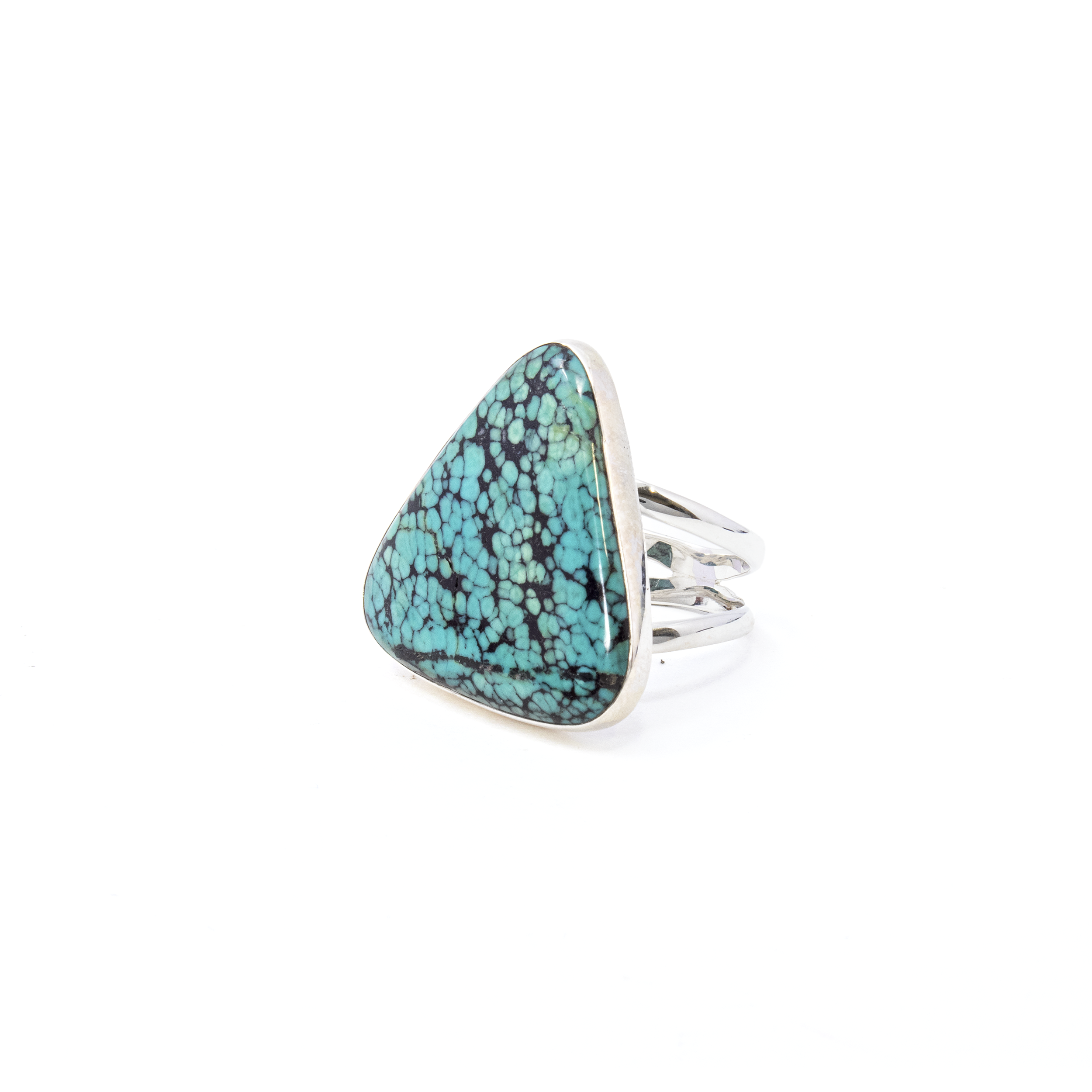 Turquoise Ring from Tibet - Triangular Cabochon Set in Simple 925 Sterling Silver Bezel & Double Band sz10 Turquoise Ring from Tibet - Triangular Cabochon Set in Simple 925 Sterling Silver Bezel & Double Band sz10