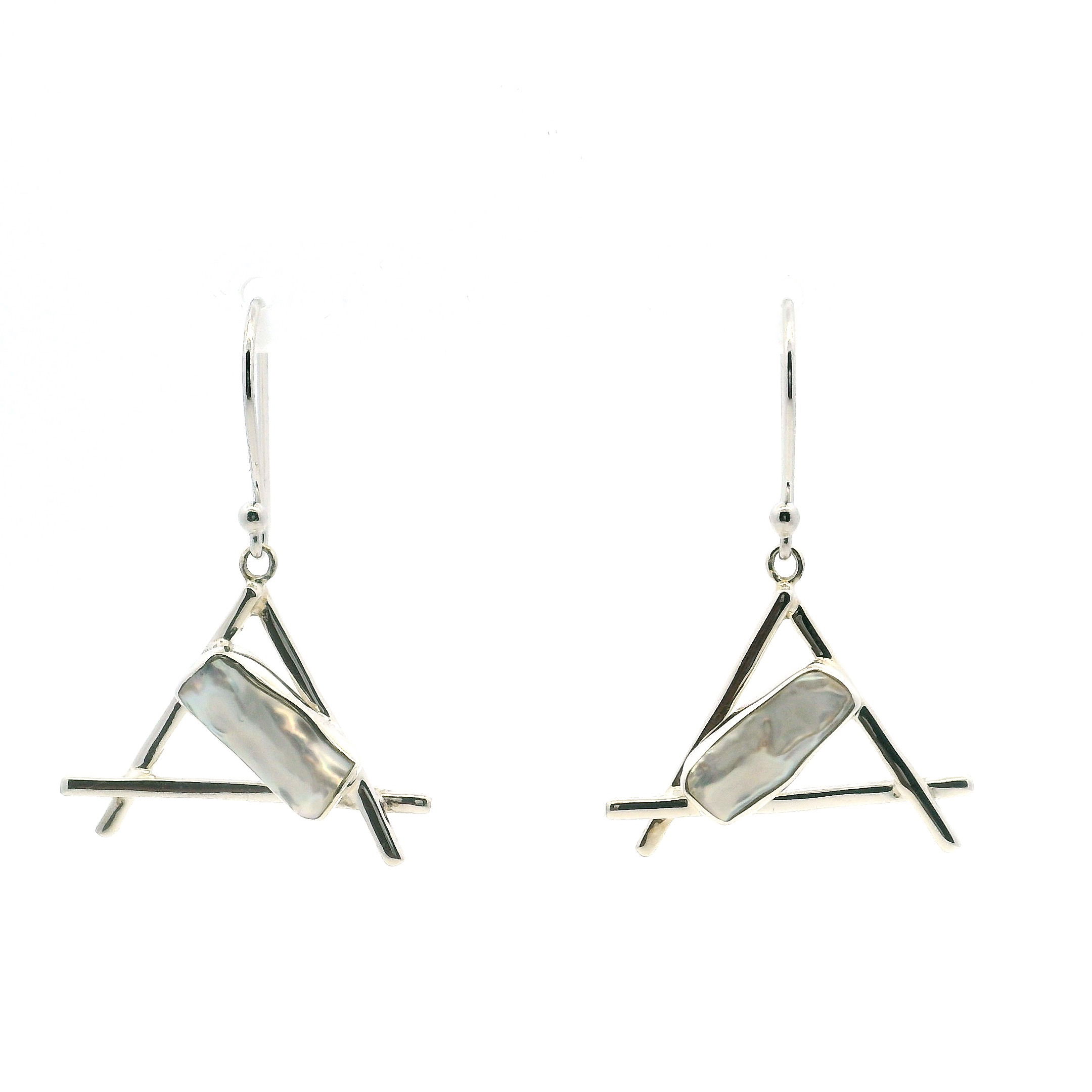 Elevate your style with these exquisite Freshwater Pearl Dangle Earrings, featuring luminous Biwa pearls bezel-set in gleaming 925 sterling silver. The unique open stick triangle design creates a sophisticated silhouette that gracefully elongates the profile, while the iridescent pearls add a touch of classic elegance and organic charm.Lightweight and finely crafted, these earrings transition effortlessly from day to evening, offering a timeless yet contemporary statement. An essential addition to any jewelry collection, they embody refined artistry and understated beauty—perfect for those who appreciate elegance with a modern edge. Freshwater Pearl Dangle Earrings - Biwa Pearl Bezel Set in 925 Sterling Silver Open Stick Triangle Design