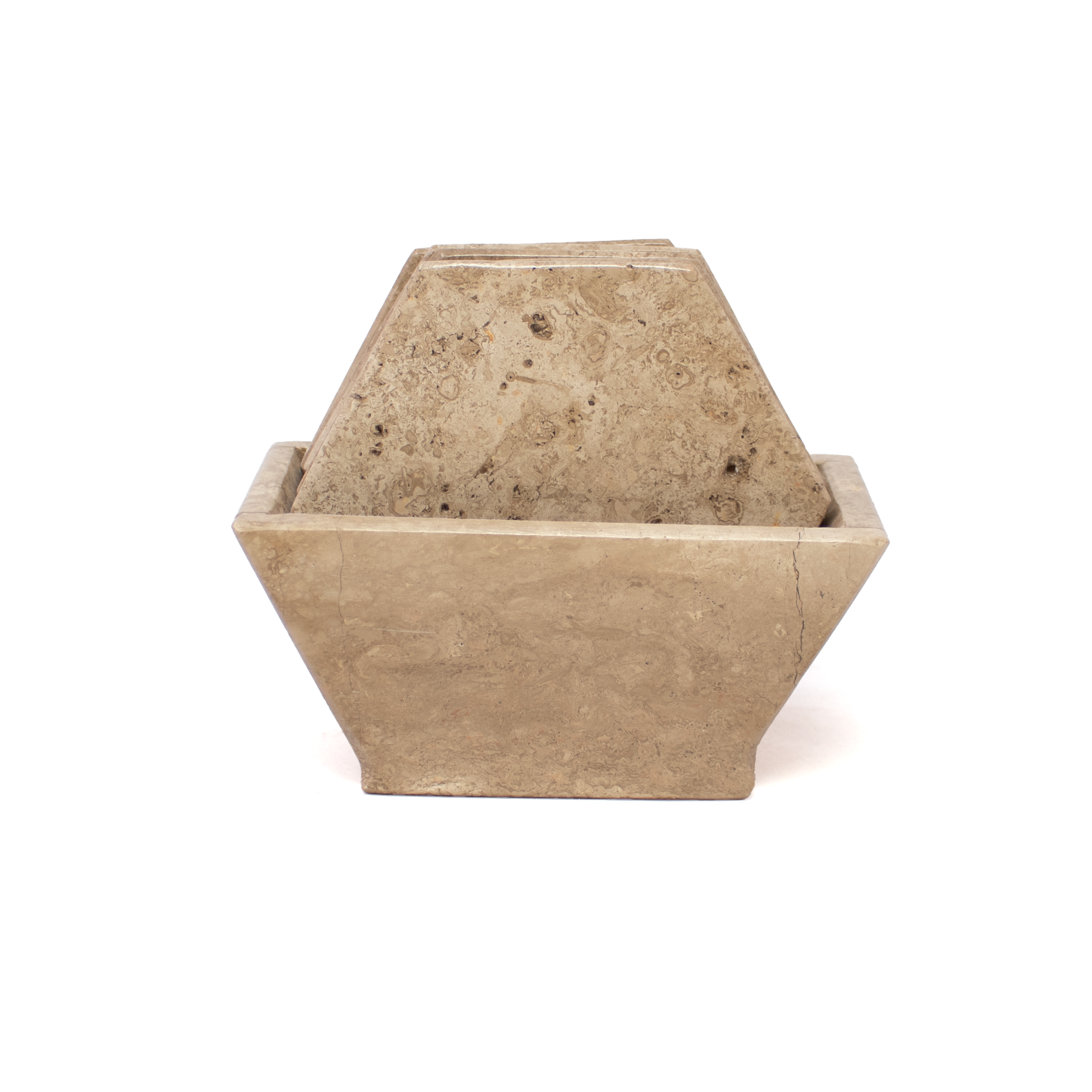 Add organic warmth and modern elegance to your home with this Set of 6 Cafe Travertine Coasters, handcrafted from natural onyx travertine stone. Each hexagonal coaster showcases distinctive veining and rich, earthy tones, making every piece a one-of-a-kind accent that blends seamlessly with any decor style.Designed for both beauty and function, these coasters are naturally absorbent and durable—perfect for protecting your surfaces from moisture and heat. The included matching holder keeps the set neatly organized when not in use, adding a cohesive and sophisticated touch to your coffee table, bar, or office desk. Cafe Travertine Coasters - Set of 6 with Holder - Hexagons
