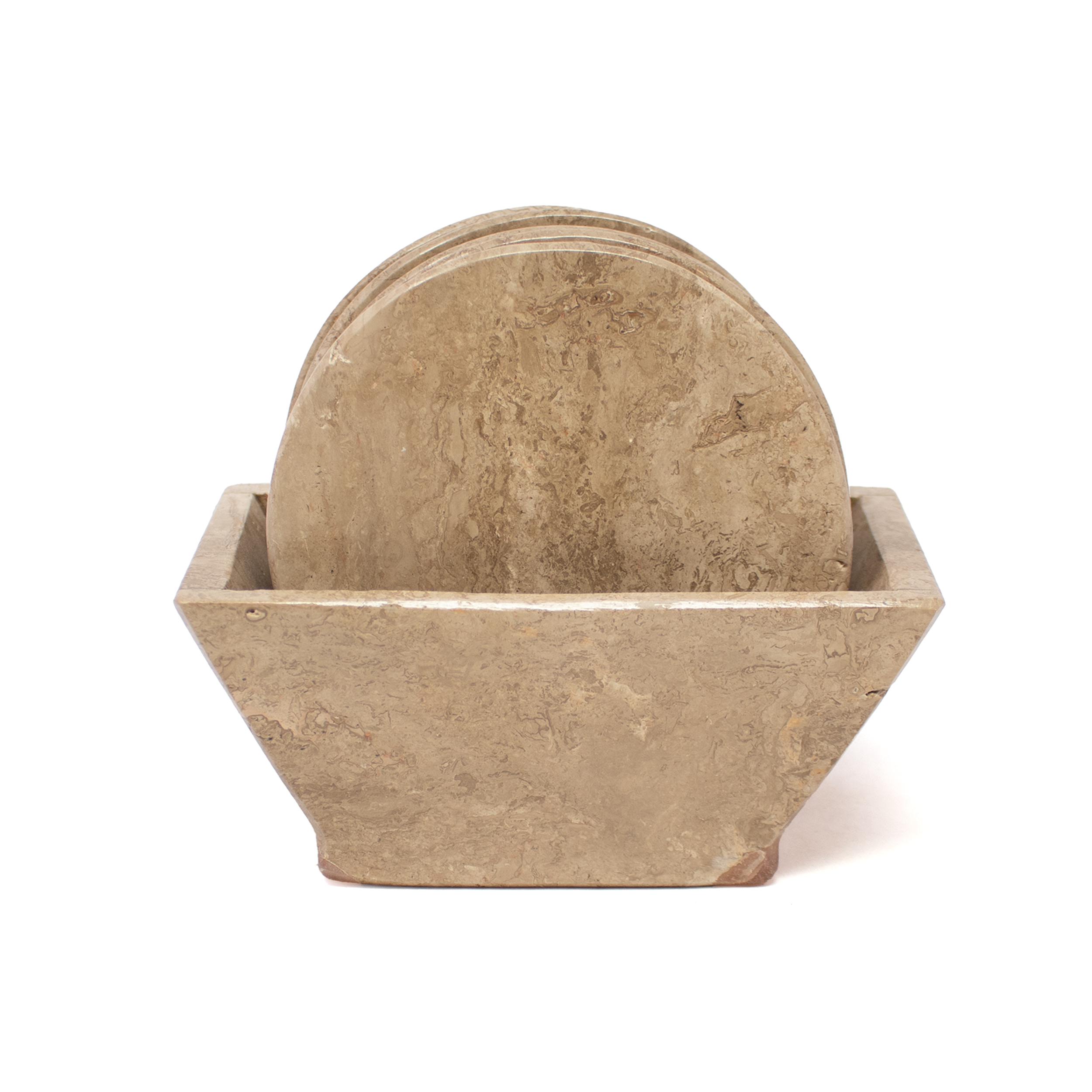 Infuse your space with warm, organic elegance using our Cafe Travertine Coasters, a refined set of six crafted from genuine onyx travertine stone. Each round coaster highlights rich café-inspired hues and intricate natural veining, offering a perfect balance of earthy beauty and practical function.Smoothly polished and substantial in hand, these coasters protect surfaces from heat and moisture while adding understated sophistication to any setting. The set includes a matching holder that keeps the coasters neatly organized and easily accessible. Whether styled on a coffee table, dining area, or office desk, their timeless design complements both modern and traditional décor. Cafe Travertine Coasters - Set of 6 with Holder - Rounds