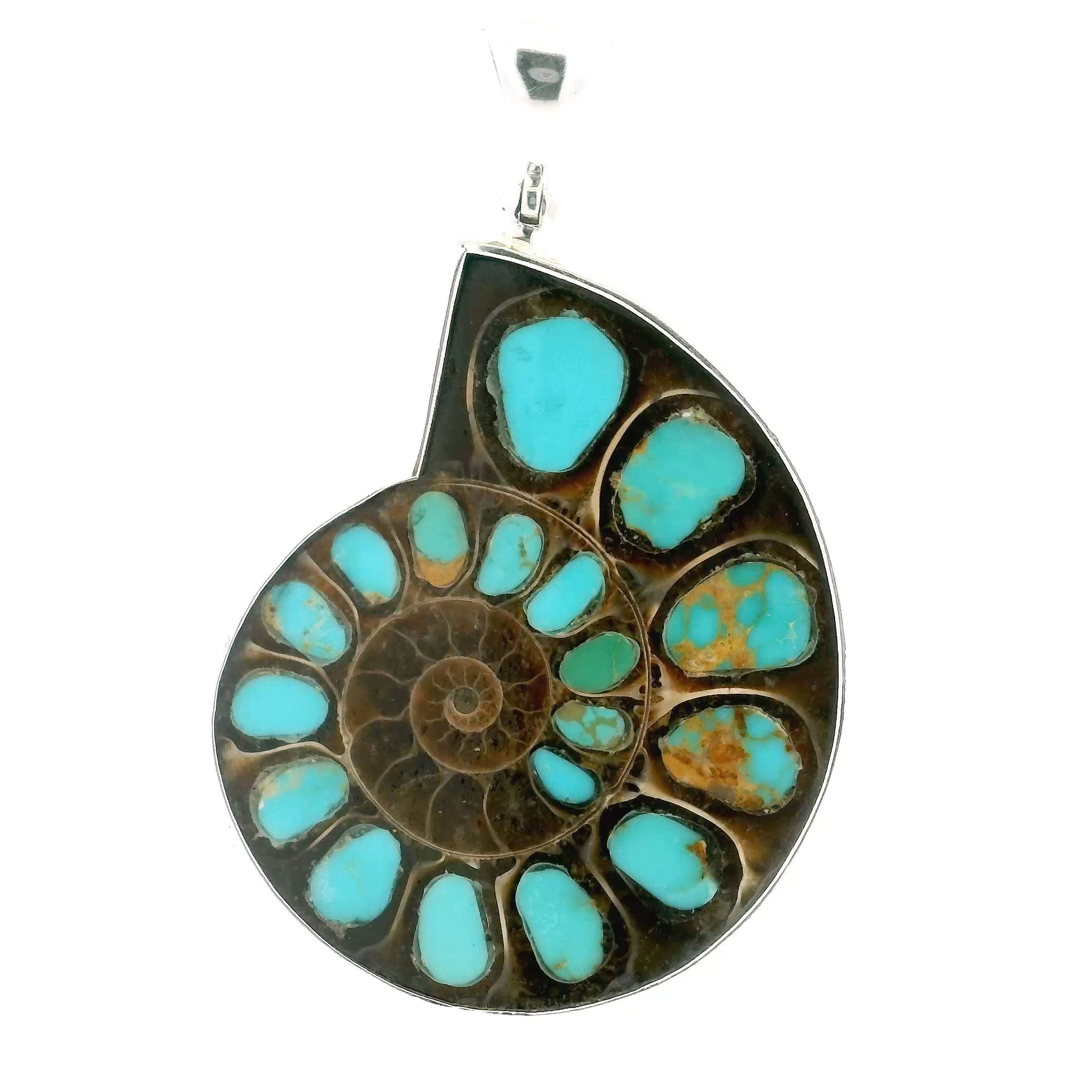 Discover natural history and timeless elegance with our Ammonite Fossil Pendant from Rare Earth Gallery. Featuring an open ammonite cross-section inlaid with vibrant blue Arizona turquoise and delicate veining, this pendant blends ancient beauty with modern style. Prong-set in 925 sterling silver, each piece is a unique glimpse into Earth's prehistoric past. Perfect for those who appreciate rare, meaningful treasures, this pendant brings a touch of nature’s artistry to any occasion. Ammonite Fossil Pendant - Open Ammonite Cross-section Inlaid with Arizona Turquoise & Caramel Inclusions in 2 Pockets Bezel Set in 925 Sterling Silver