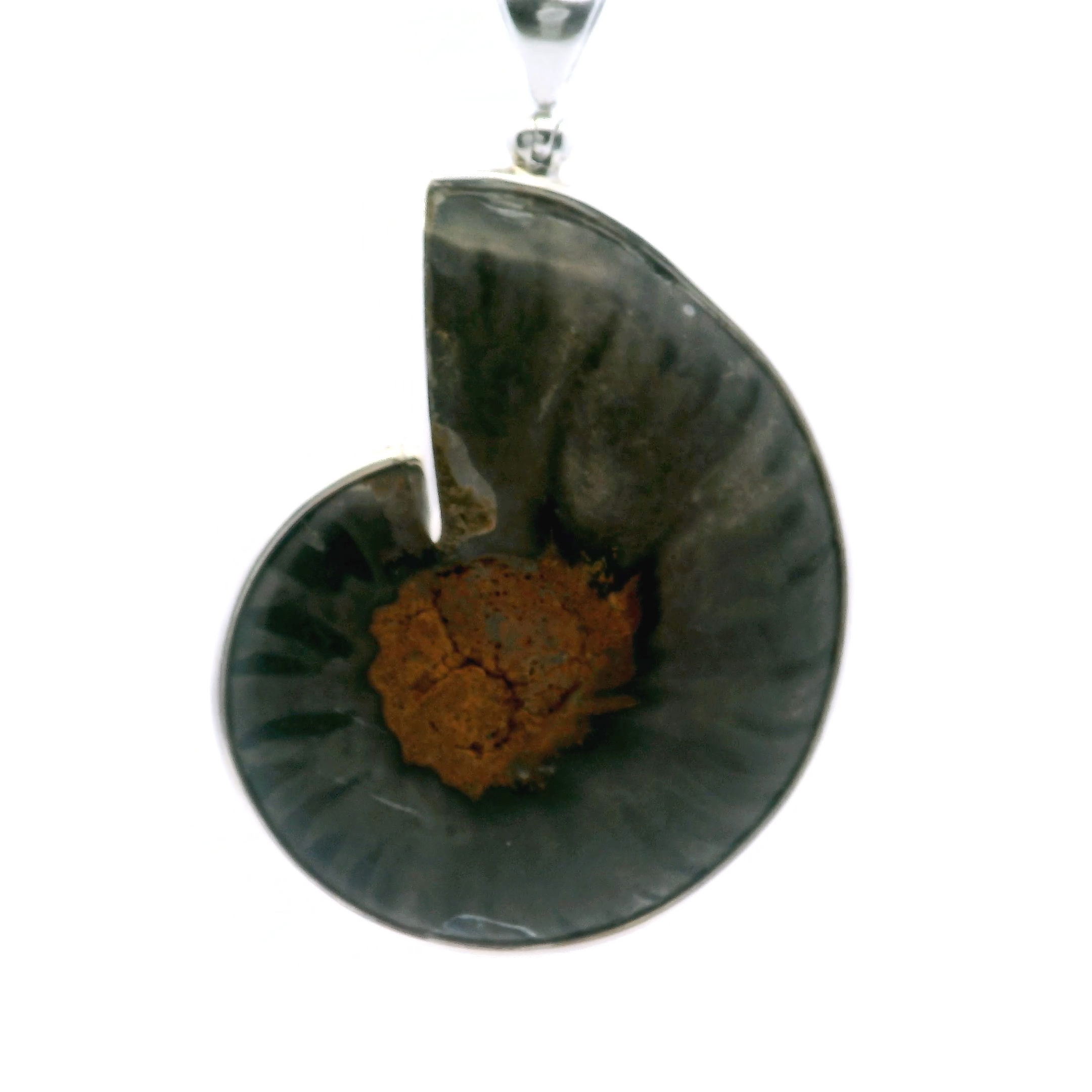 Elevate your collection with our Ammonite Fossil Pendant, featuring an open ammonite cross-section inlaid with vibrant orange and yellow bumblebee jasper. Expertly bezel-set in 925 sterling silver, this piece highlights the fossil’s intricate spirals and the jasper’s dynamic energy. A striking blend of ancient beauty and modern design, this pendant is perfect for women who appreciate rare, meaningful jewelry that sparks conversation and celebrates Earth's timeless artistry. Ammonite Fossil Pendant - Open Ammonite Cross-section Inlaid with Bumblebee Jasper in Small Orange & Yellow Inlays & Dark Background Bezel Set in 925 Sterling Silver