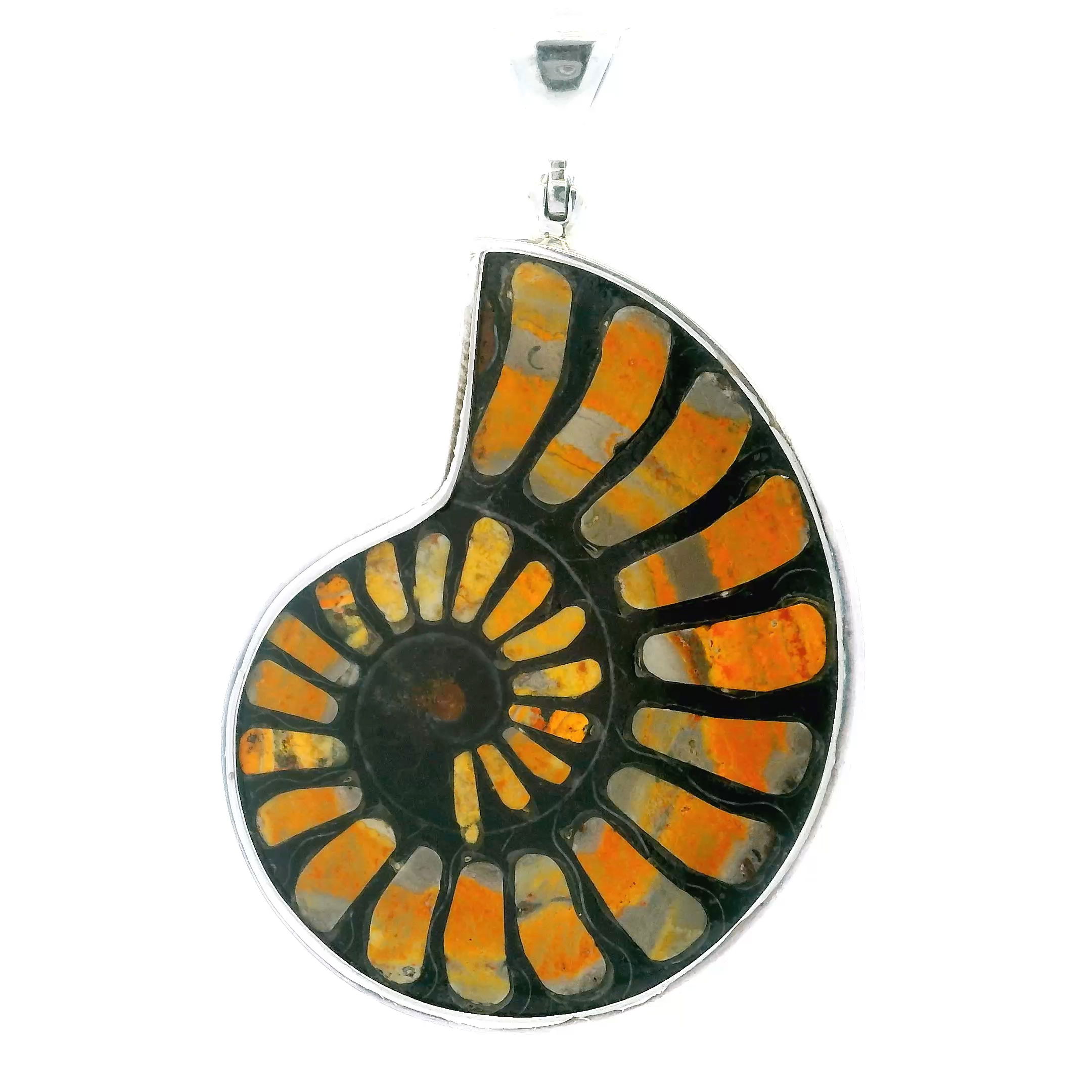Elevate your collection with our Ammonite Fossil Pendant, a rare fusion of ancient beauty and vibrant color. Featuring an open ammonite cross-section inlaid with striking bumblebee jasper, this piece is prong-set in 925 sterling silver for lasting elegance. A delicate swirl accent on the reverse side adds an artistic touch. Perfect for women who value unique craftsmanship, this pendant blends prehistoric wonder with modern style, making it a captivating statement for any occasion. Ammonite Fossil Pendant - Open Ammonite Cross-section Inlaid with Orange & Gray Banded Bumblebee Jasper on Dark Background Bezel Set in 925 Sterling Silver