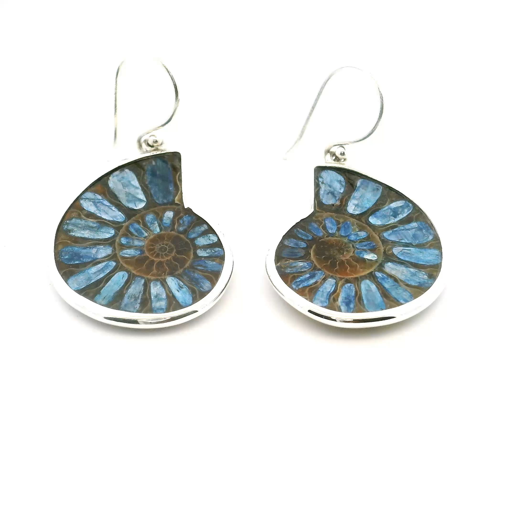 Celebrate the artistry of nature with our Ammonite Fossil Dangle Earrings, where the timeless beauty of the ancient world meets contemporary design. Each earring features a carefully selected ammonite fossil, sliced to reveal its mesmerizing spiral cross-section—an enduring symbol of time and transformation.Set into the fossil’s natural contours is a deep blue kyanite inlay, offering a stunning contrast to the warm, earthy tones of the ammonite. The kyanite is bezel-set with precision, adding a refined touch while ensuring a secure, polished finish.Crafted in 925 sterling silver, the earrings offer a delicate dangle silhouette that’s both elegant and easy to wear. The sterling silver not only provides a brilliant shine but also ensures comfort and durability for everyday elegance.Perfect for women who appreciate jewelry with meaning and individuality, these earrings effortlessly elevate any look—whether it’s a casual daytime outfit or a sophisticated evening ensemble. More than an accessory, they’re a wearable piece of Earth’s story.Whether as a unique gift or a personal indulgence, these Ammonite Fossil and Kyanite Earrings invite you to carry a piece of natural history with you—gracefully, beautifully, and boldly. Ammonite Fossil Dangle Earrings - Cross-section Inlaid with Kyanite Bezel Set in Simple 925 Sterling Silver