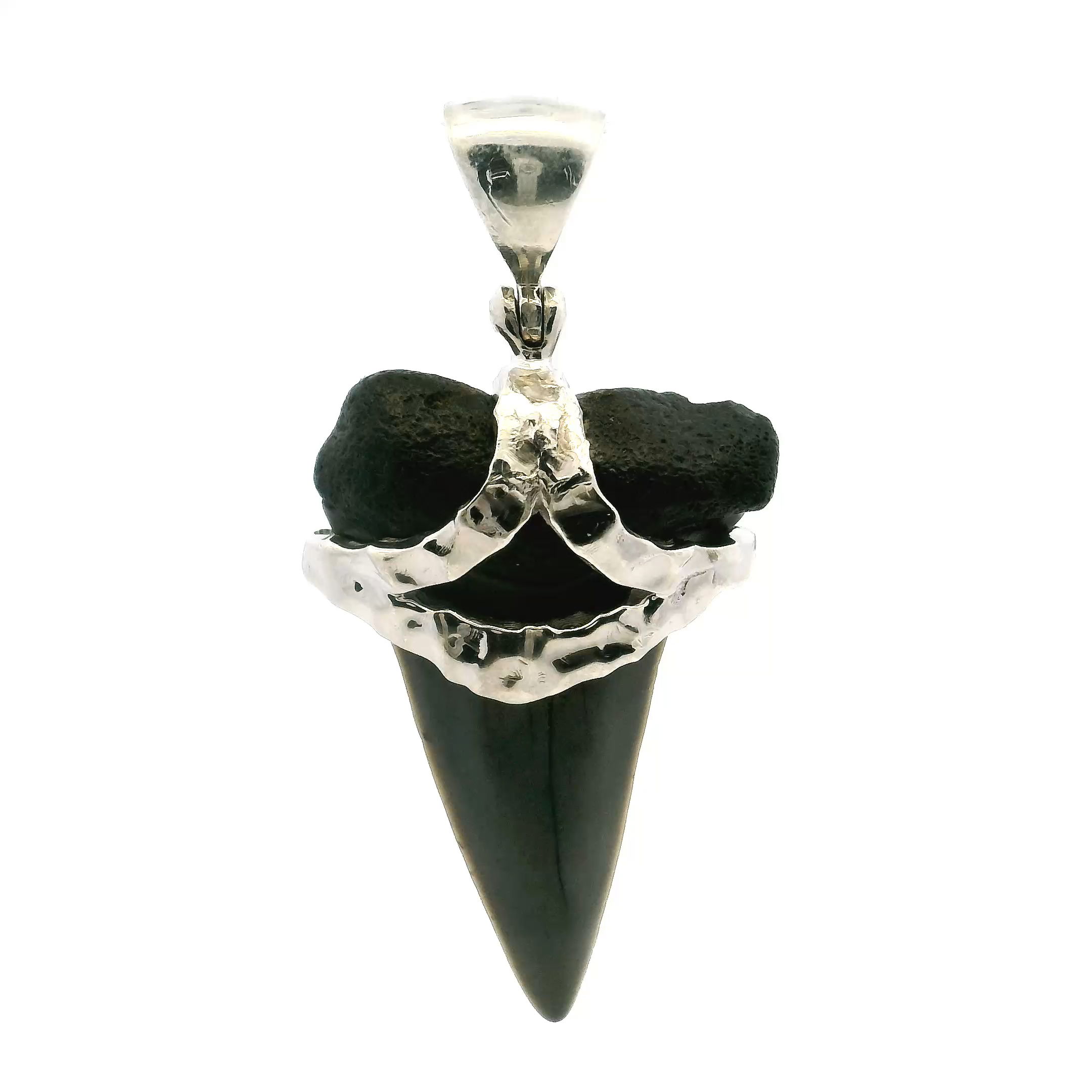 Step into a story millions of years in the making with our Fossilized Shark Tooth Pendant, a bold fusion of ancient power and modern design. This captivating piece features a genuine gray shark tooth fossil, beautifully preserved to highlight its raw edges and natural detail. A contrasting black gum accent adds depth and character, making each pendant truly one-of-a-kind.The tooth is elegantly set in 925 sterling silver, finished with a hammered strap that lends texture, shimmer, and a handcrafted feel. The result is a striking pendant that blends the rugged beauty of prehistoric oceans with the refined touch of contemporary jewelry design.Ideal for women who embrace unique, statement-making pieces, this pendant transitions effortlessly from everyday wear to evening sophistication. Whether gifted or chosen for yourself, it’s a meaningful accessory that symbolizes resilience, adventure, and timeless elegance.Wear a piece of Earth's ancient past—and let your style make waves. Fossilized Shark Tooth Pendant - Gray Tooth with Black Gum Set with Hammered Strap in 925 Sterling Silver