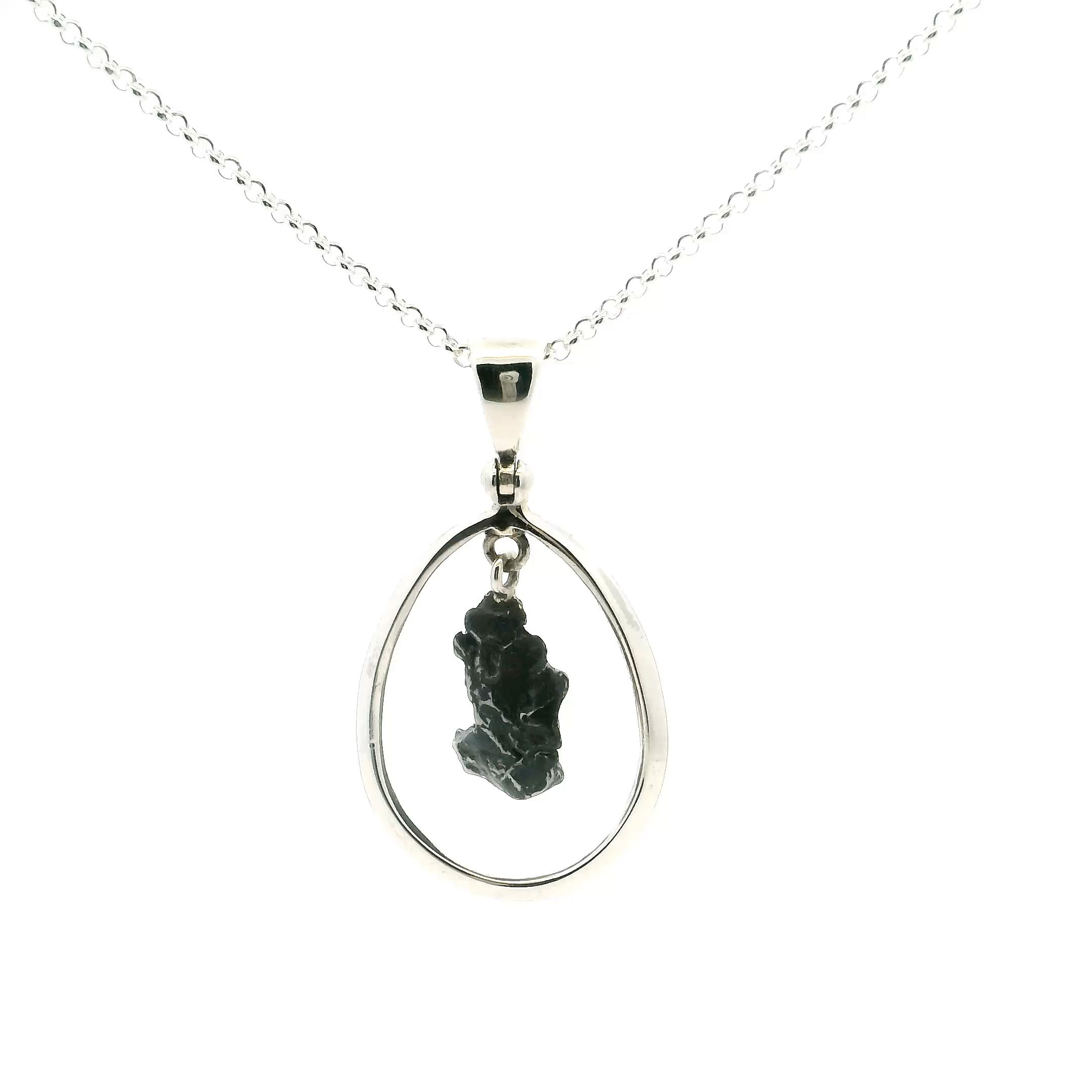 Campo De Cielo Meteorite Pendant - Rough J-Shaped Speciman Hanging in Open Oval with 925 Sterling Silver with Chain