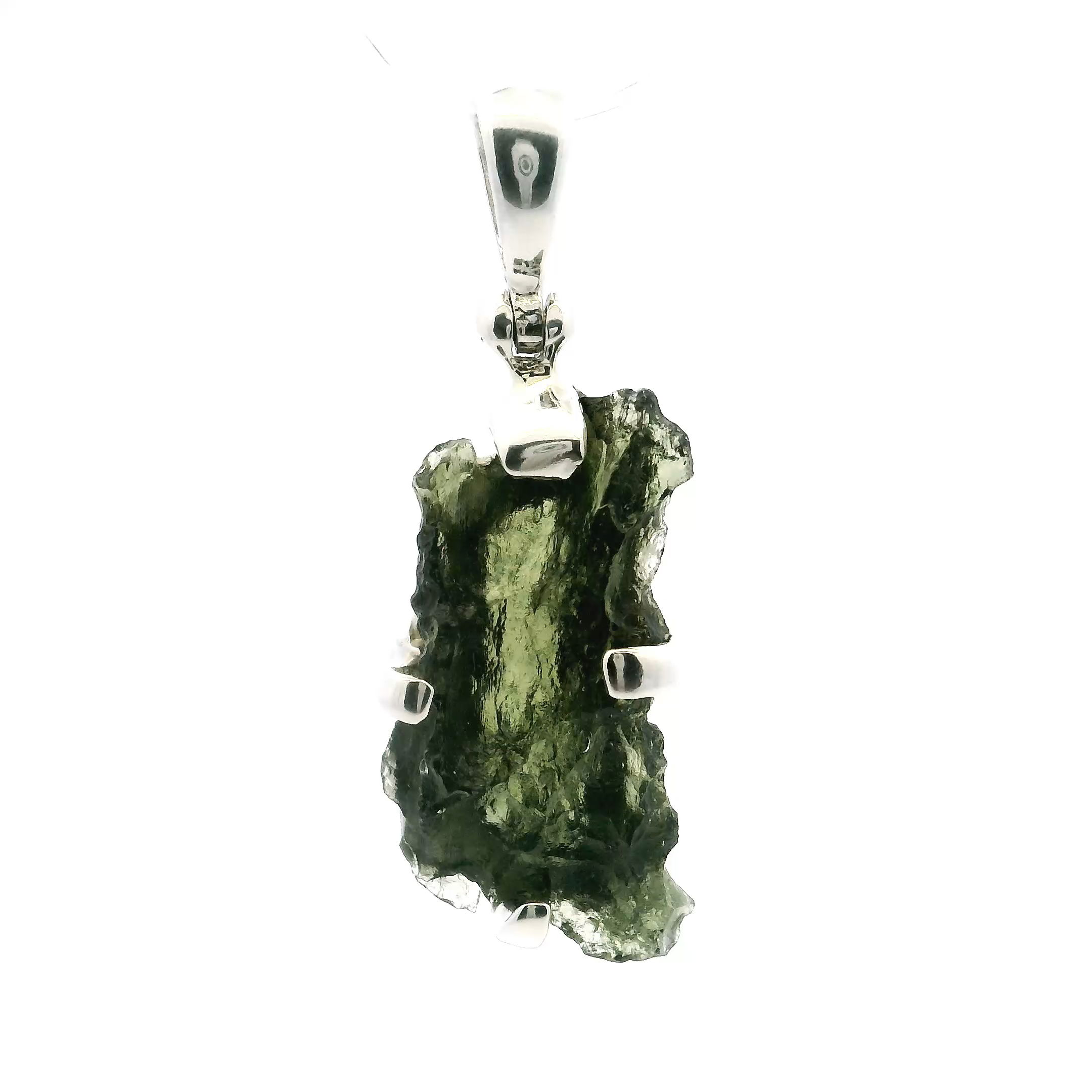 Moldavite Pendant - North South Rough Prong Set in Simple 925 Sterling Silver