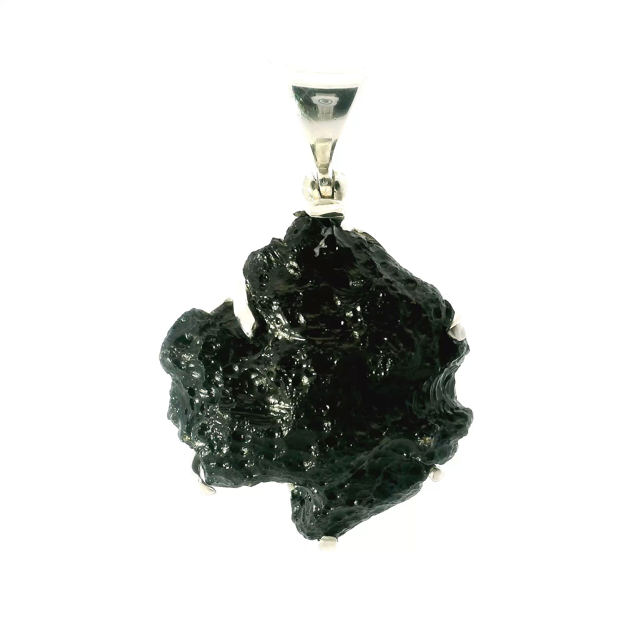 Add a touch of the cosmos to your jewelry collection with our Tektite Pendant, featuring a rare, glass-like stone formed by meteorite impact. Each pendant showcases the tektite’s deep black color and raw, natural texture—no two are exactly alike.Set in a sleek sterling silver frame, this piece balances organic beauty with refined craftsmanship. The minimalist design lets the stone’s celestial energy shine, making it perfect for both everyday wear and special moments.More than just a striking accessory, tektite is believed to inspire spiritual growth, creativity, and protection—making it a meaningful gift or personal talisman. Billionite Tektite Pendant - Round Speciman Prong Set in 925 Sterling Silver from Sumatra/Borneo