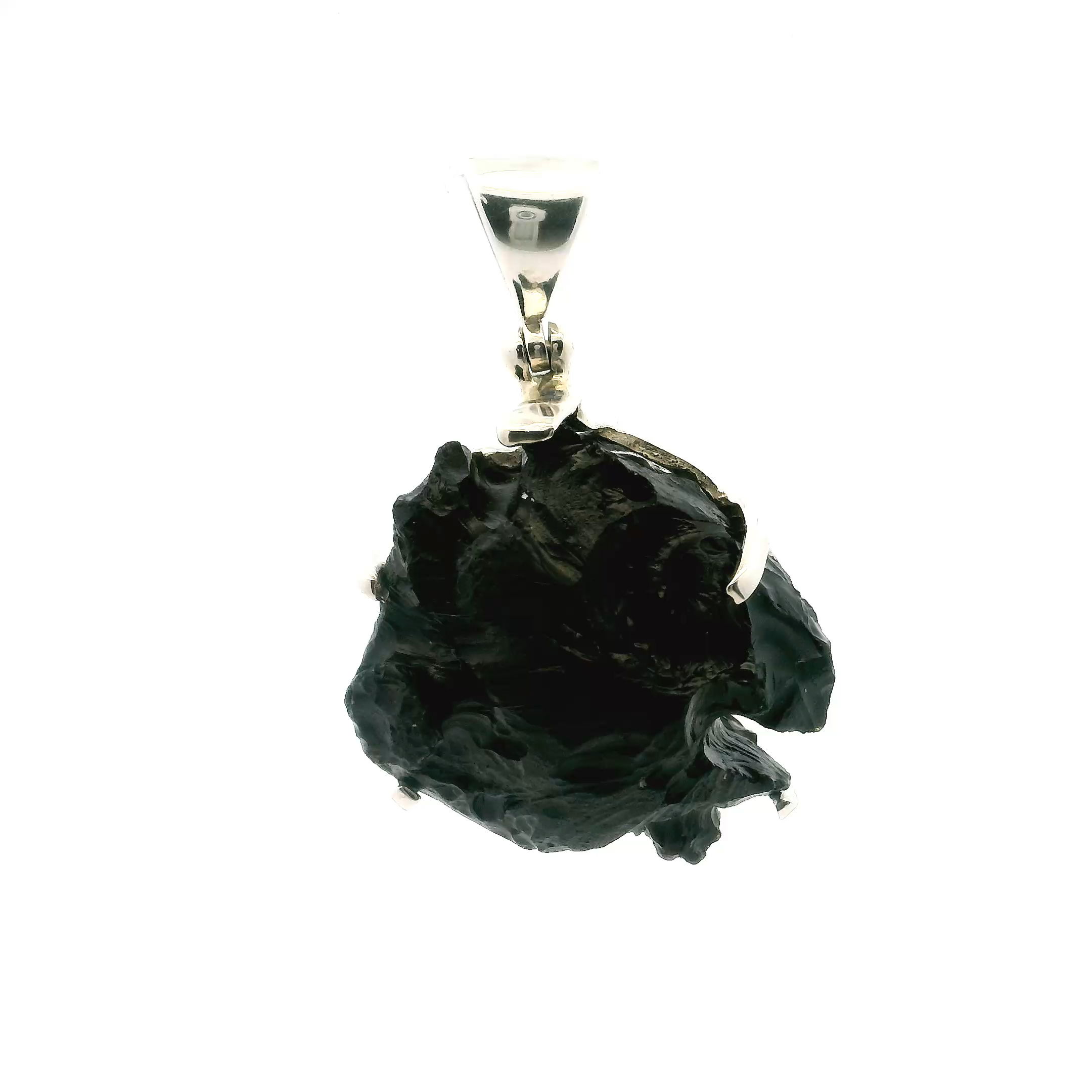 Billionite Tektite Pendant - Round Speciman with 2 Small Explosions on Exterior Prong Set in 925 Sterling Silver from Sumatra/Borneo
