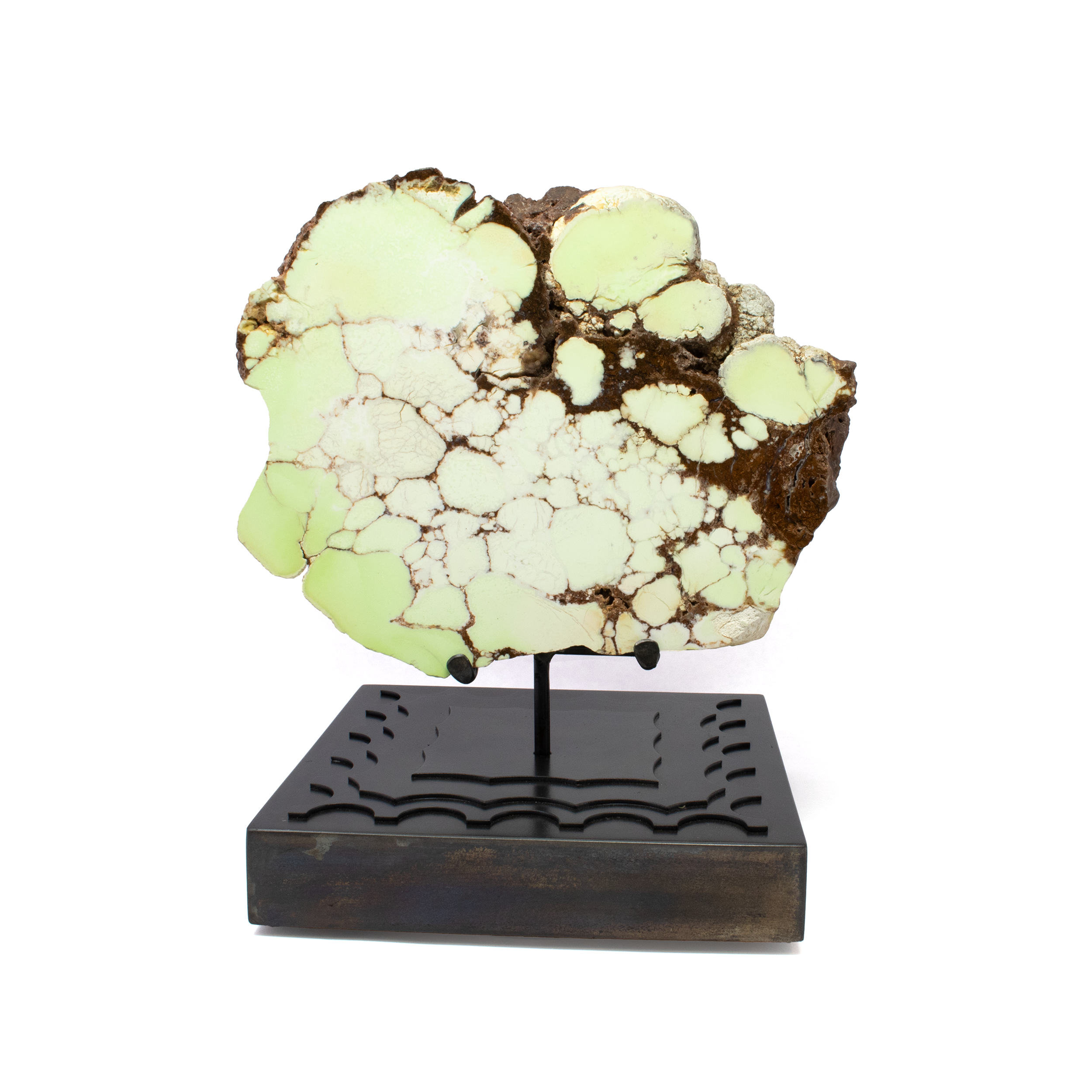 Pastel Green Chrysoprase End Cut on Rotating Custom Stand from Australia with Brown Spider Webbing aka Citron Magnesite